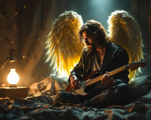 Bearded Man with Angelic Wings Playing Guitar in Room