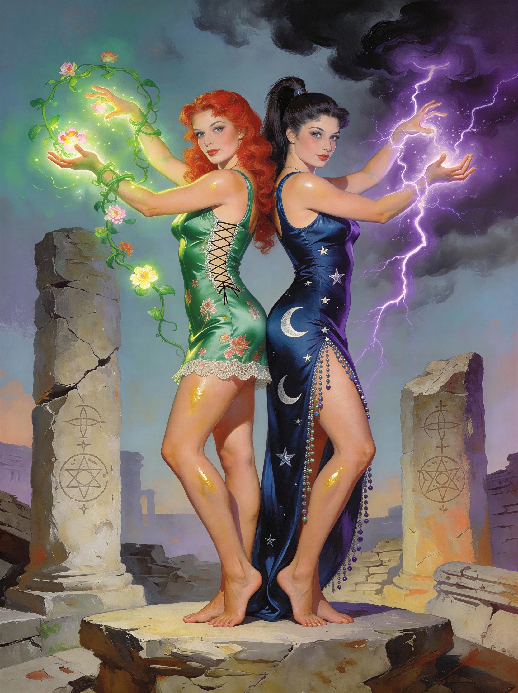 Witches with Porcelain Skin and Magical Altar Setting