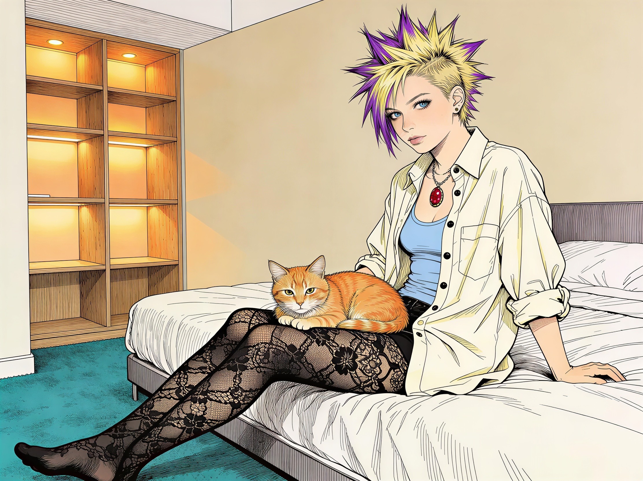 Woman with Spiked Hair and Cat on Bed Setting