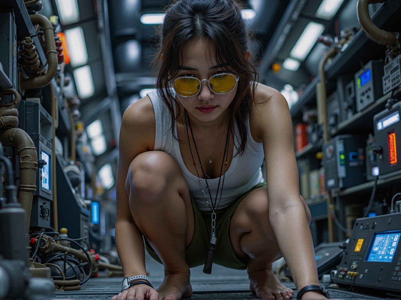 Young woman inspecting equipment in futuristic setting