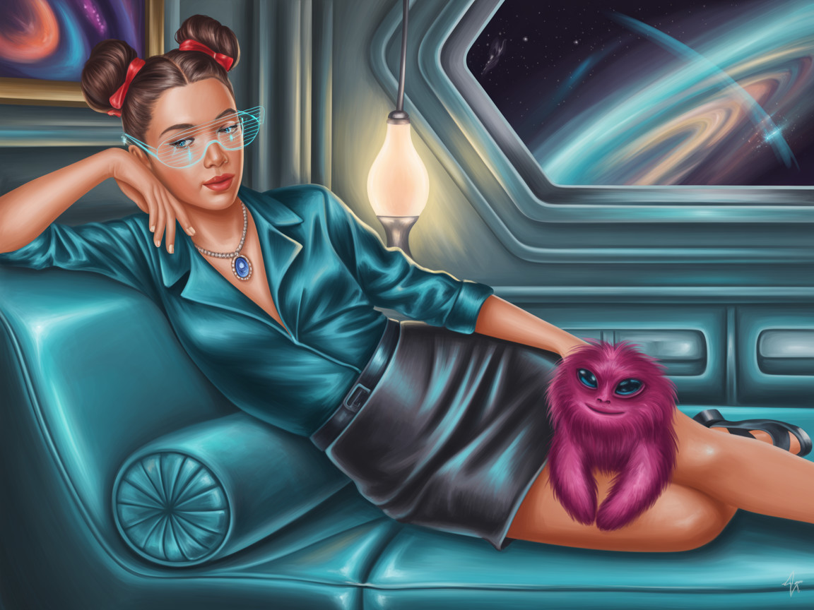 Stylish Woman on Futuristic Couch with Whimsical Creature