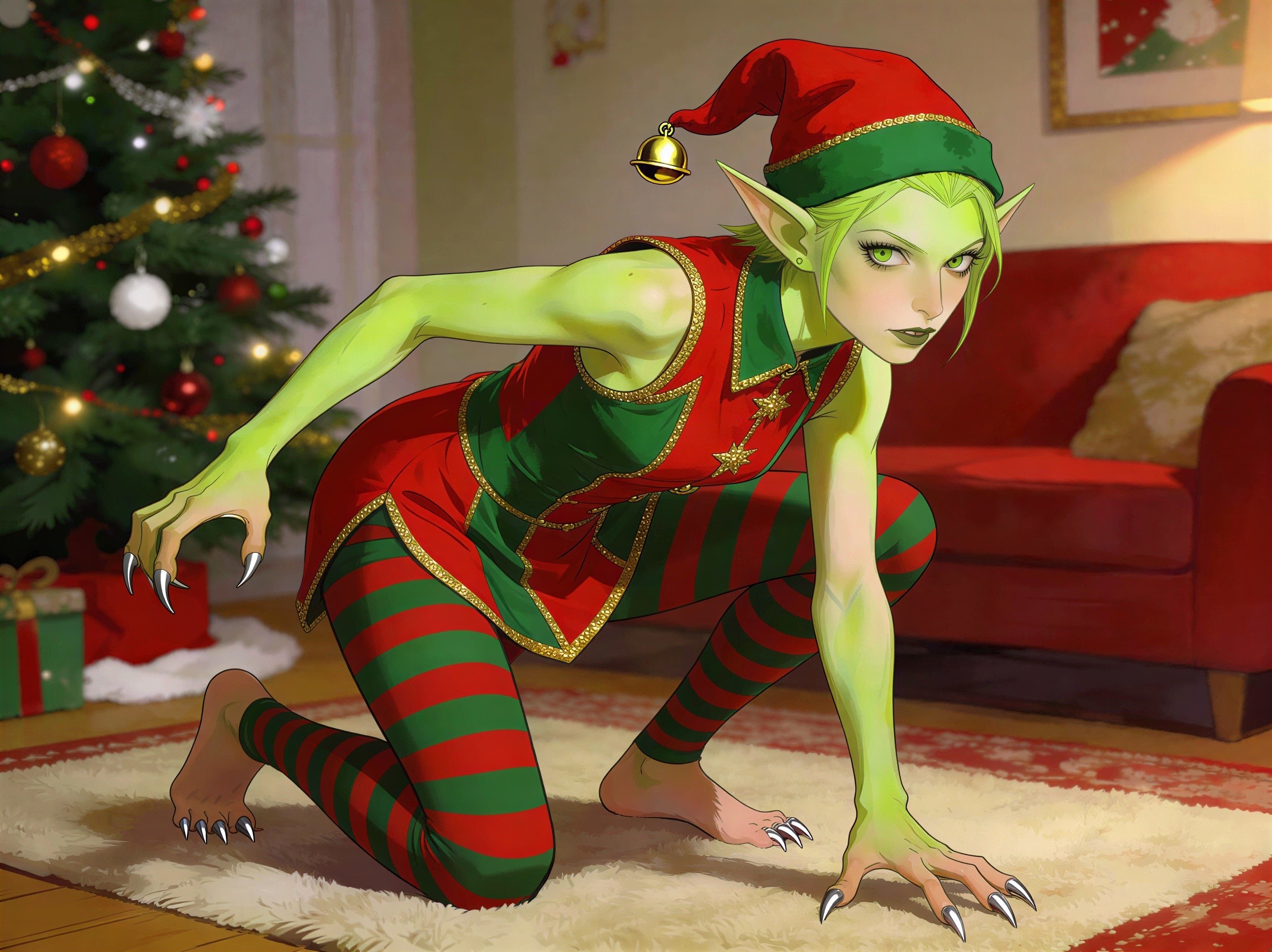 Anime-style elf with green skin and Christmas outfit