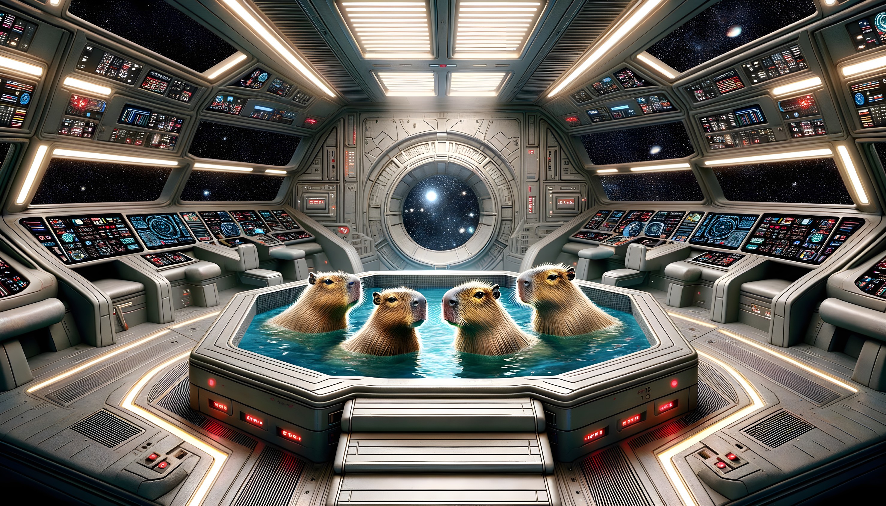 Four meerkats in a hot tub on futuristic spaceship command bridge