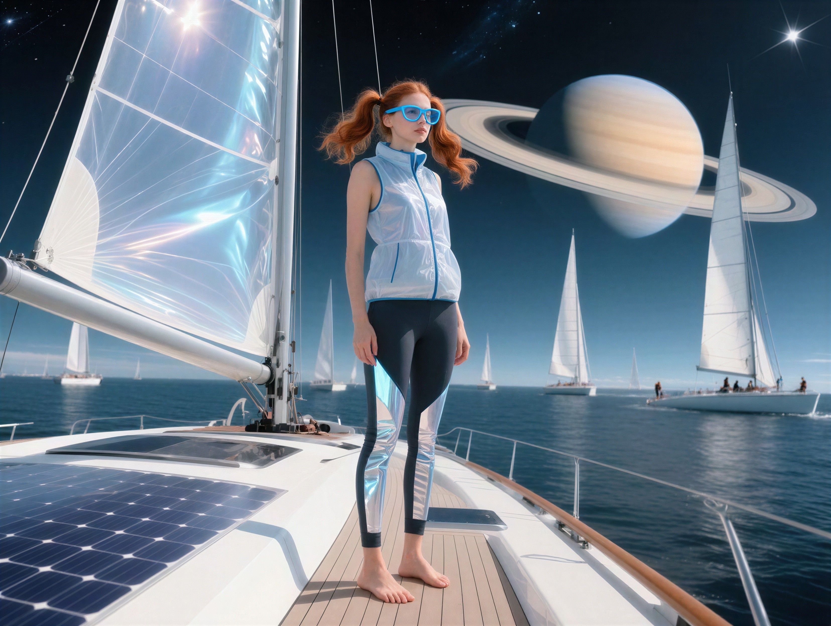 Barefoot woman in blue attire on a yacht with Saturn