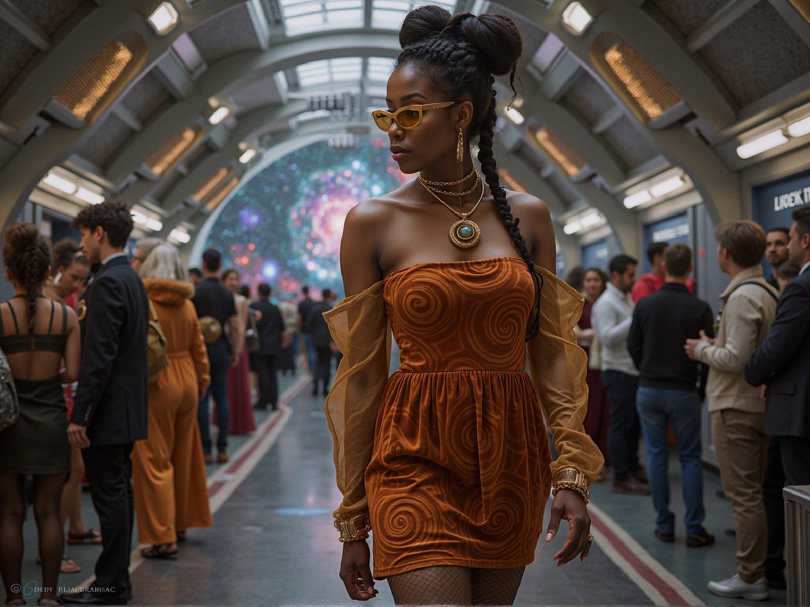 Stylish Woman in Orange Dress in Futuristic Corridor