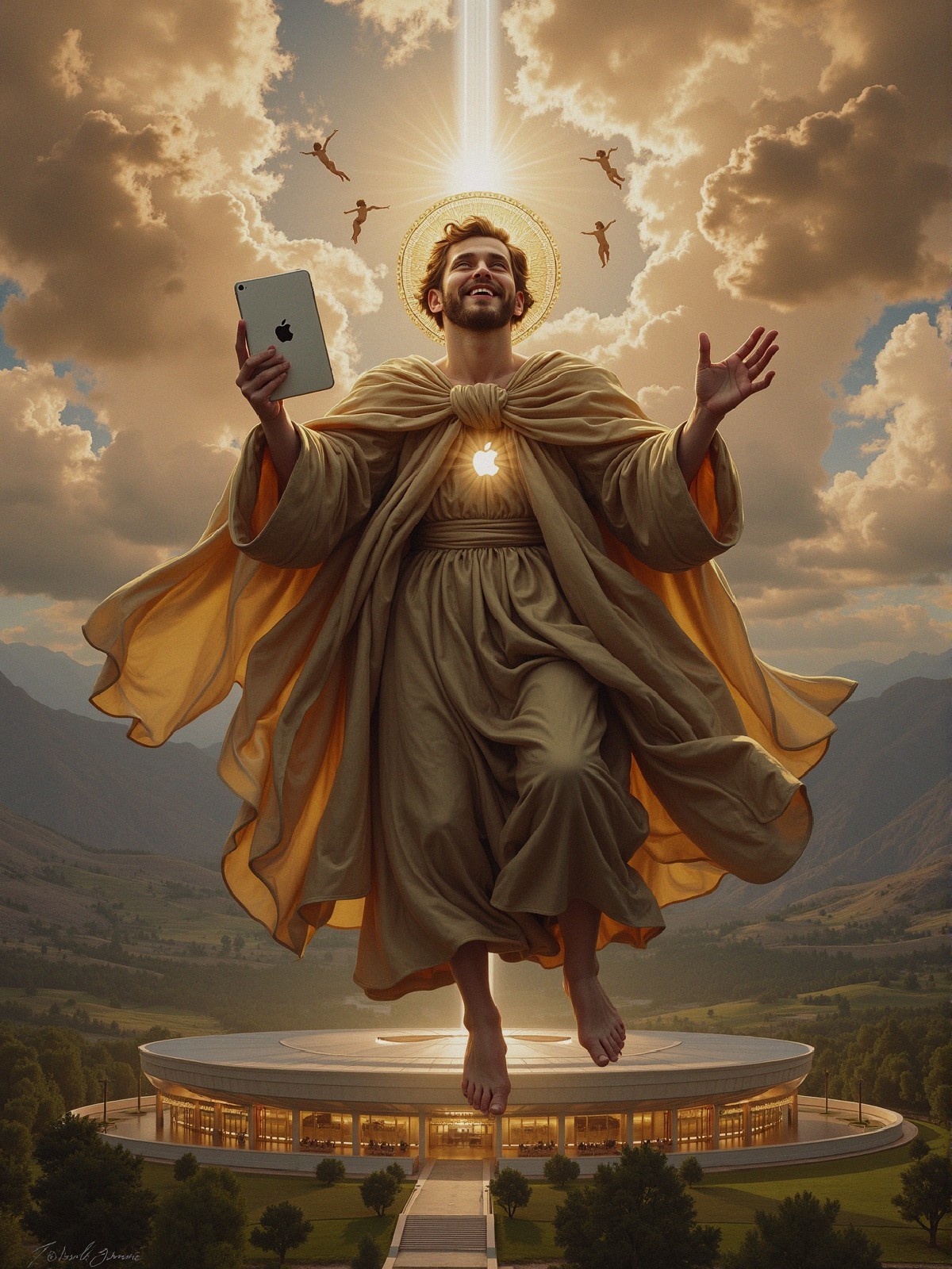 Divine Figure with Light and Modern Technology Elements