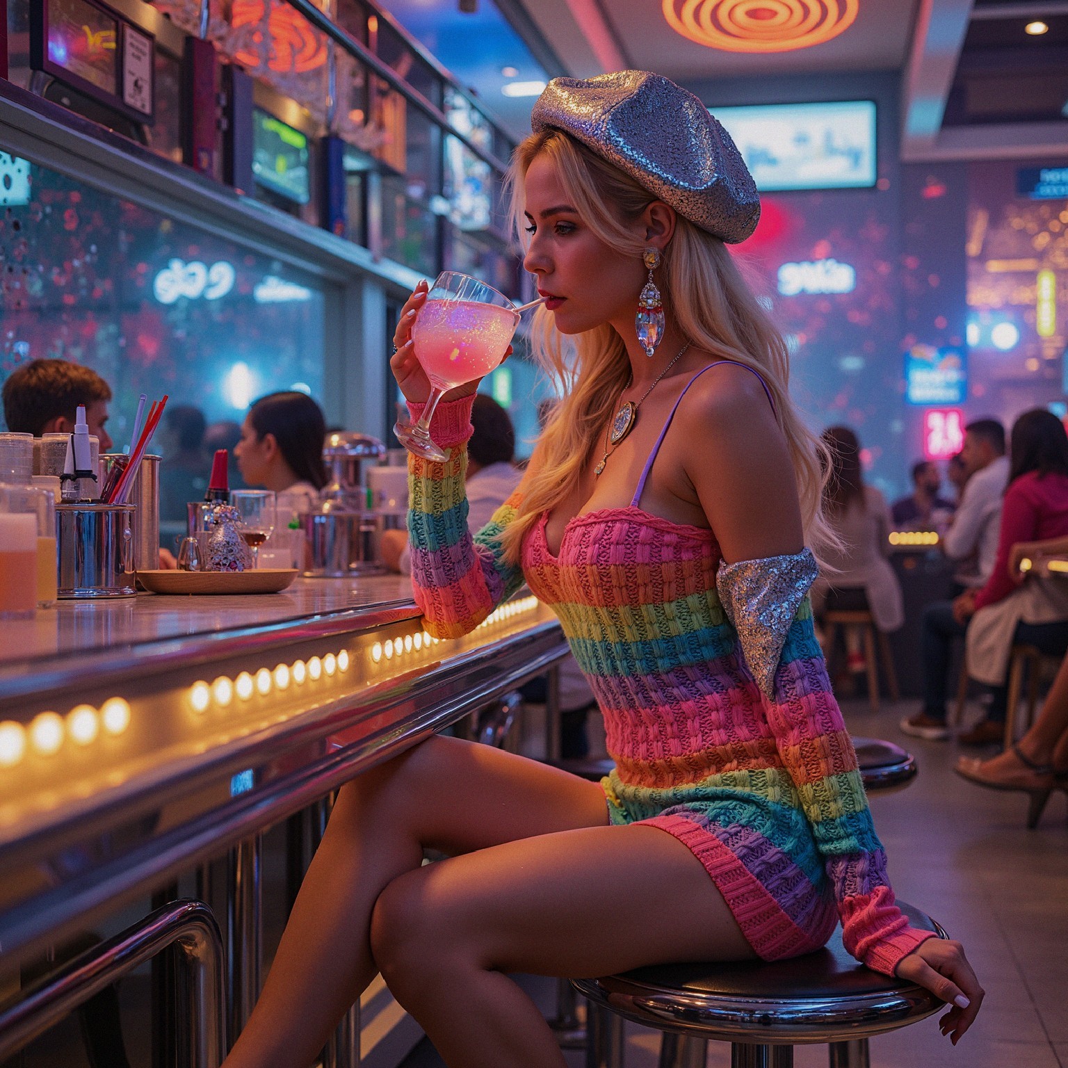 Stylish Individual at Vibrant Bar with Colorful Drink