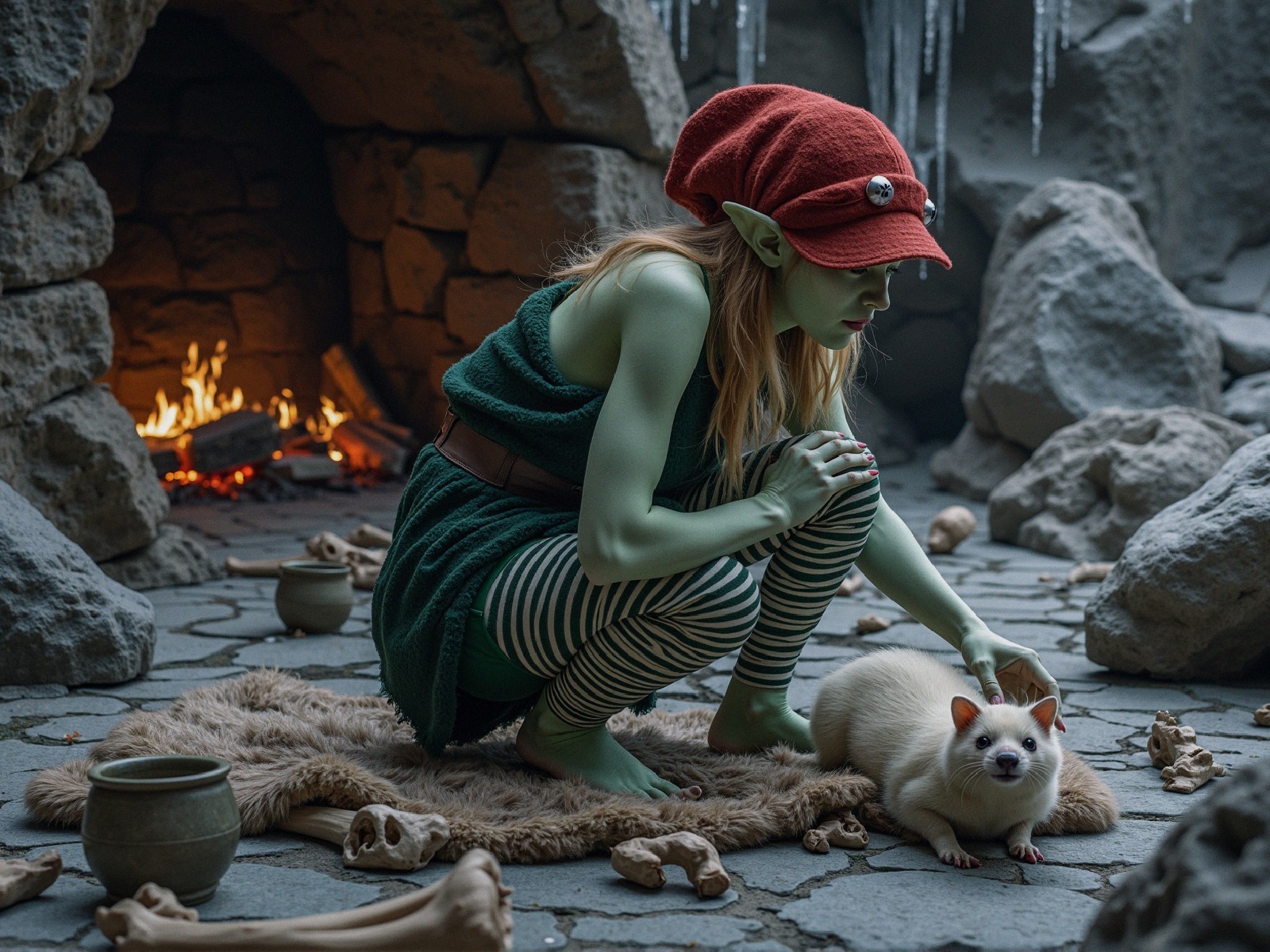 Elf in cave with creature by fire and rustic decor