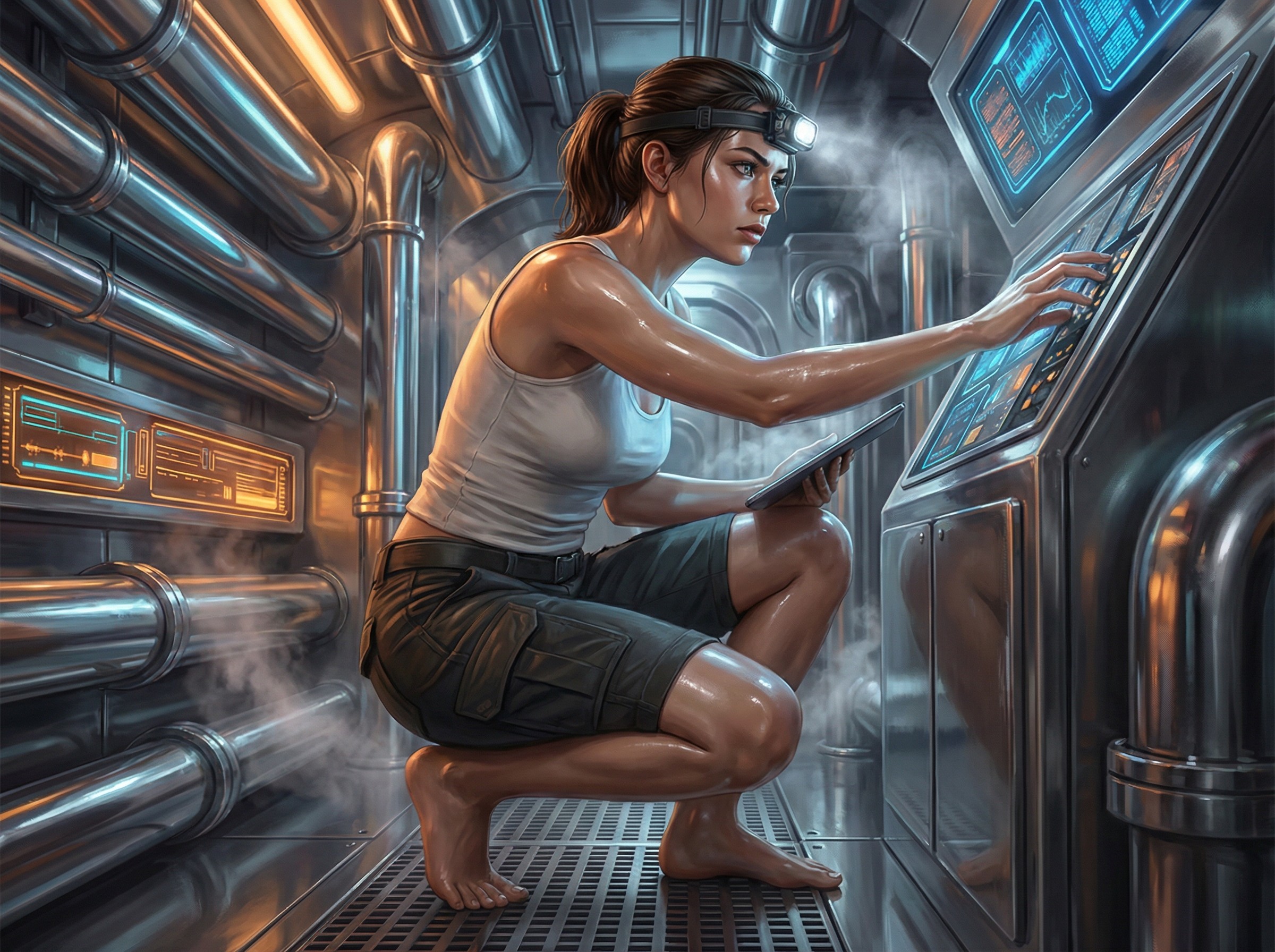 Woman in industrial setting using control panel and tablet