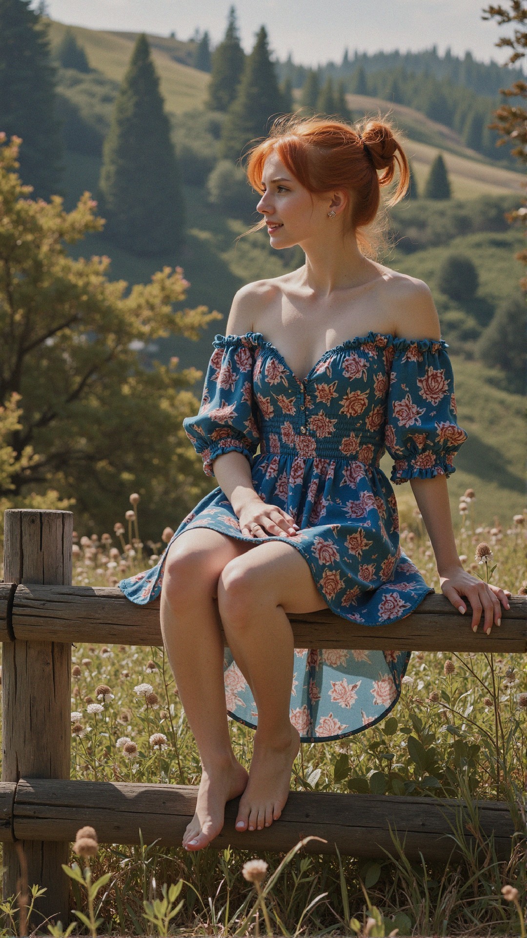 Young Woman on Fence in Lush Green Landscape