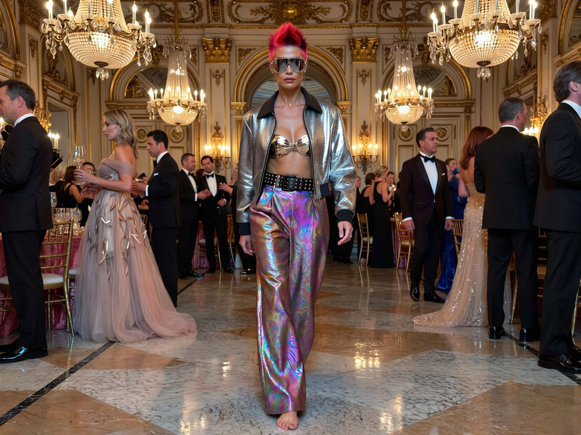 Woman in Pink Hair and Metallic Outfit in Grand Ballroom
