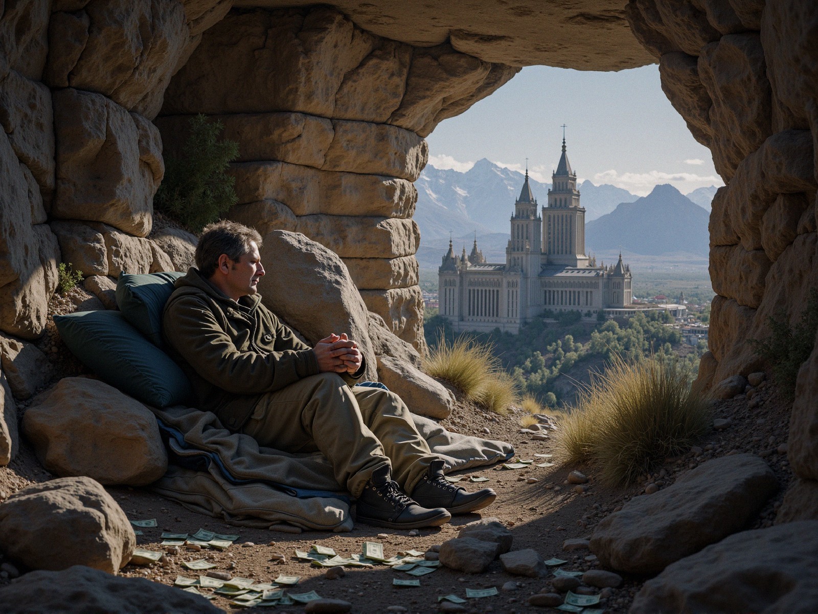 Man in cave with bedding and cash, views castle and mountains