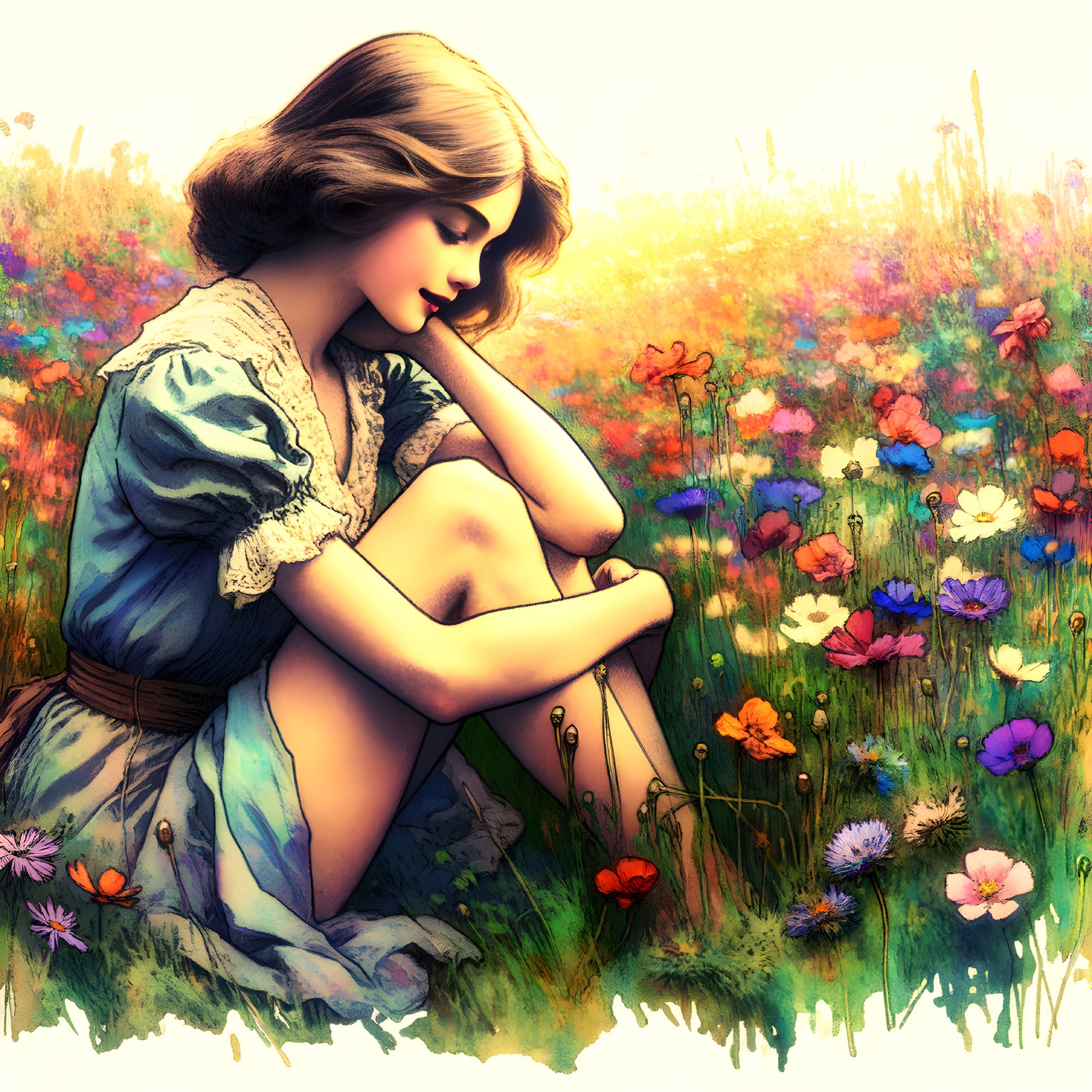 Young Woman in Vintage Dress Among Wildflowers