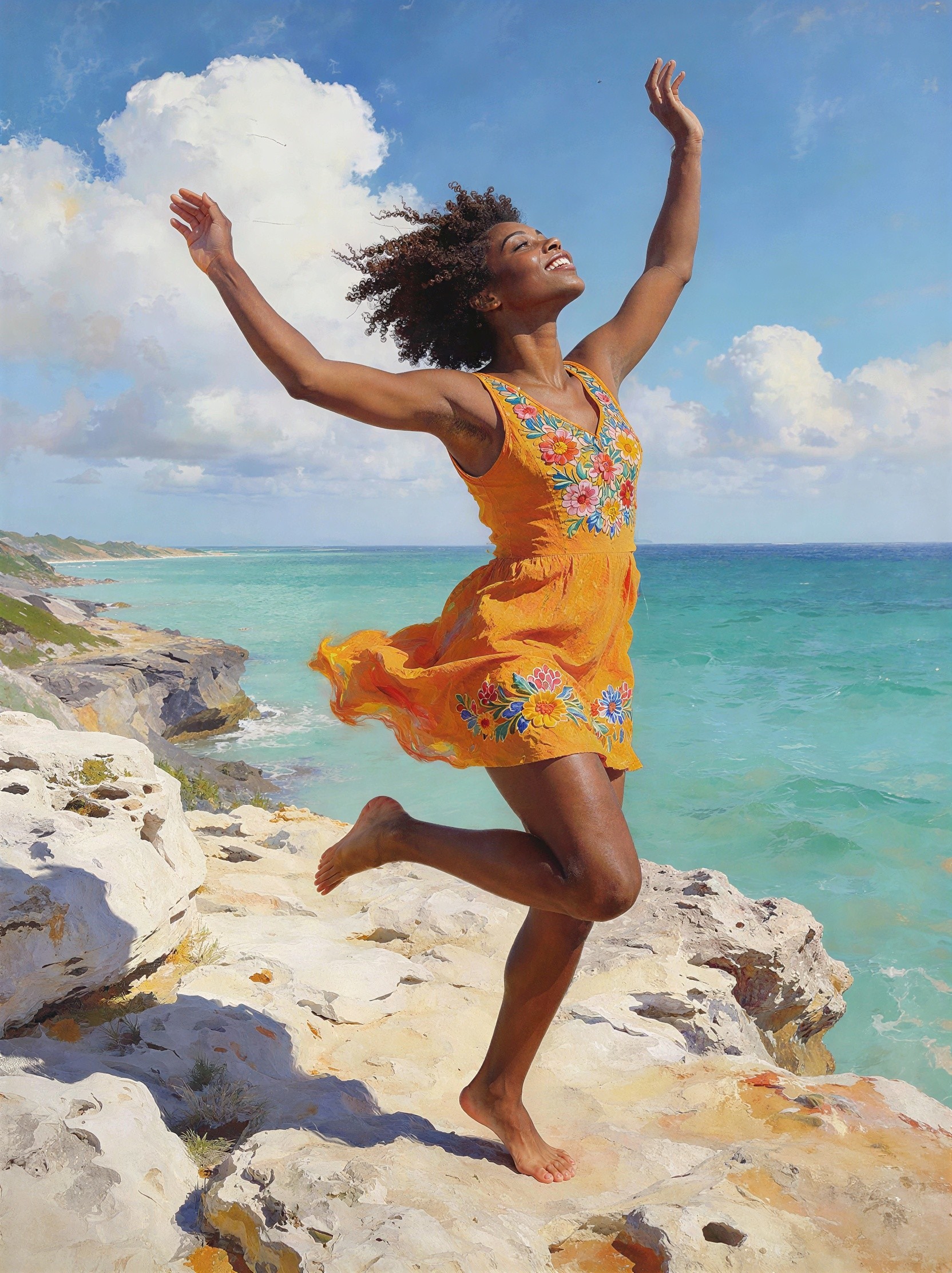 Vibrant Painting of Joyful Woman on Rocky Cliffside