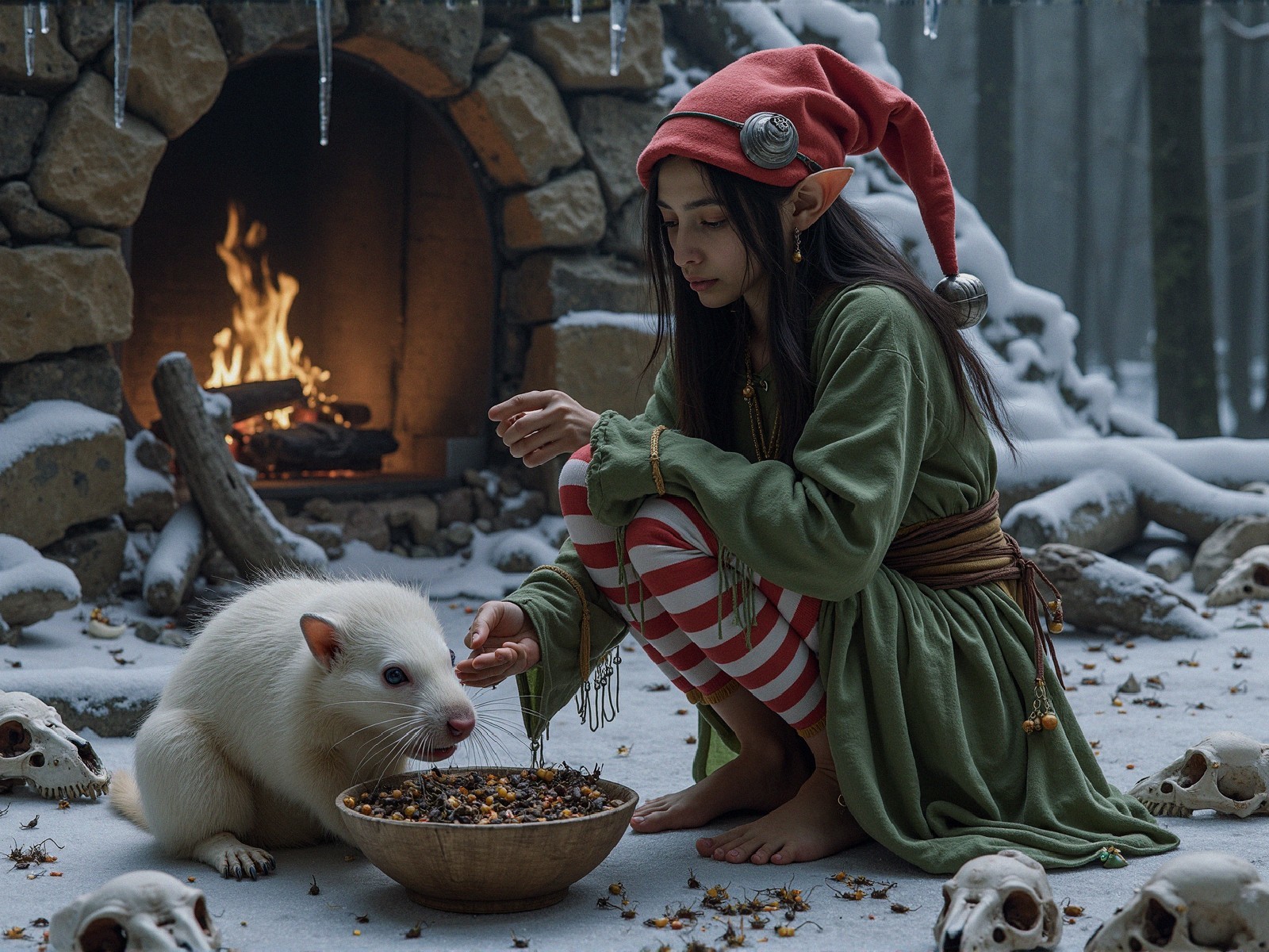 Young girl in festive attire feeds creature in snowy forest