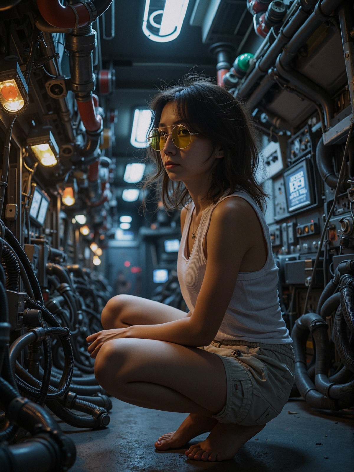 Young woman in industrial corridor with futuristic elements