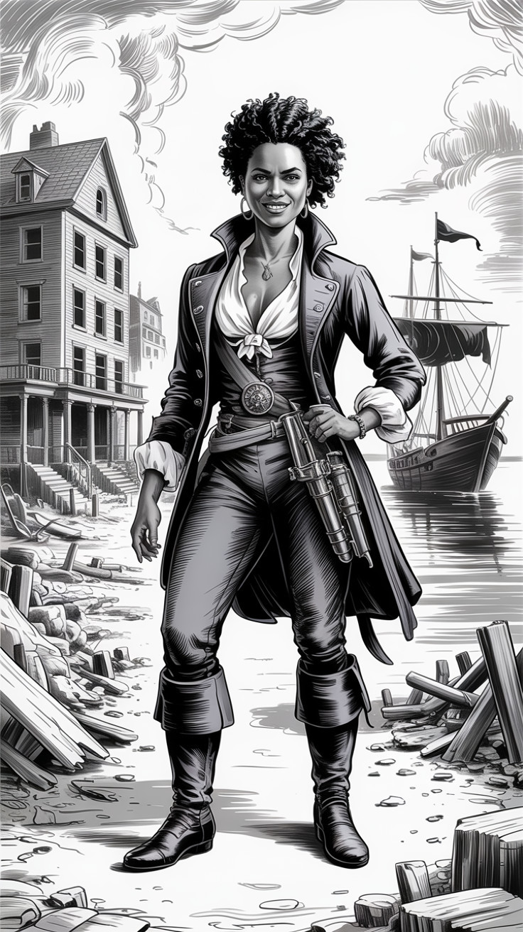 Confident pirate on shore with ship and town backdrop