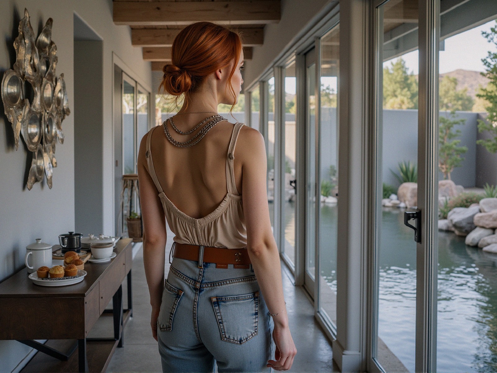 Woman with Red Hair by Serene Pond in Stylish Interior