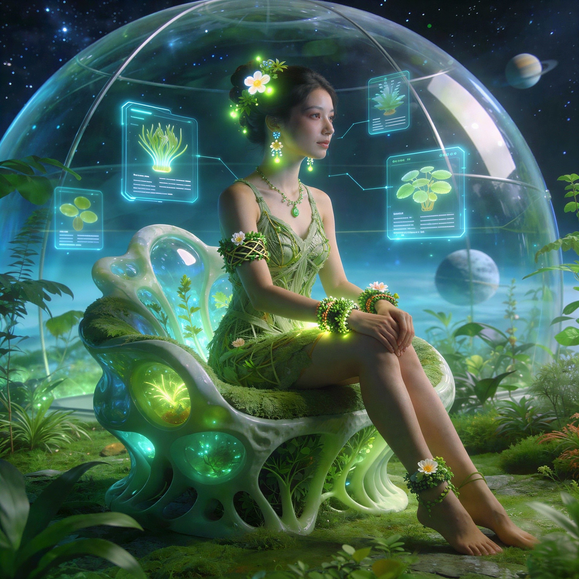 Young woman in bioluminescent attire in a dome setting
