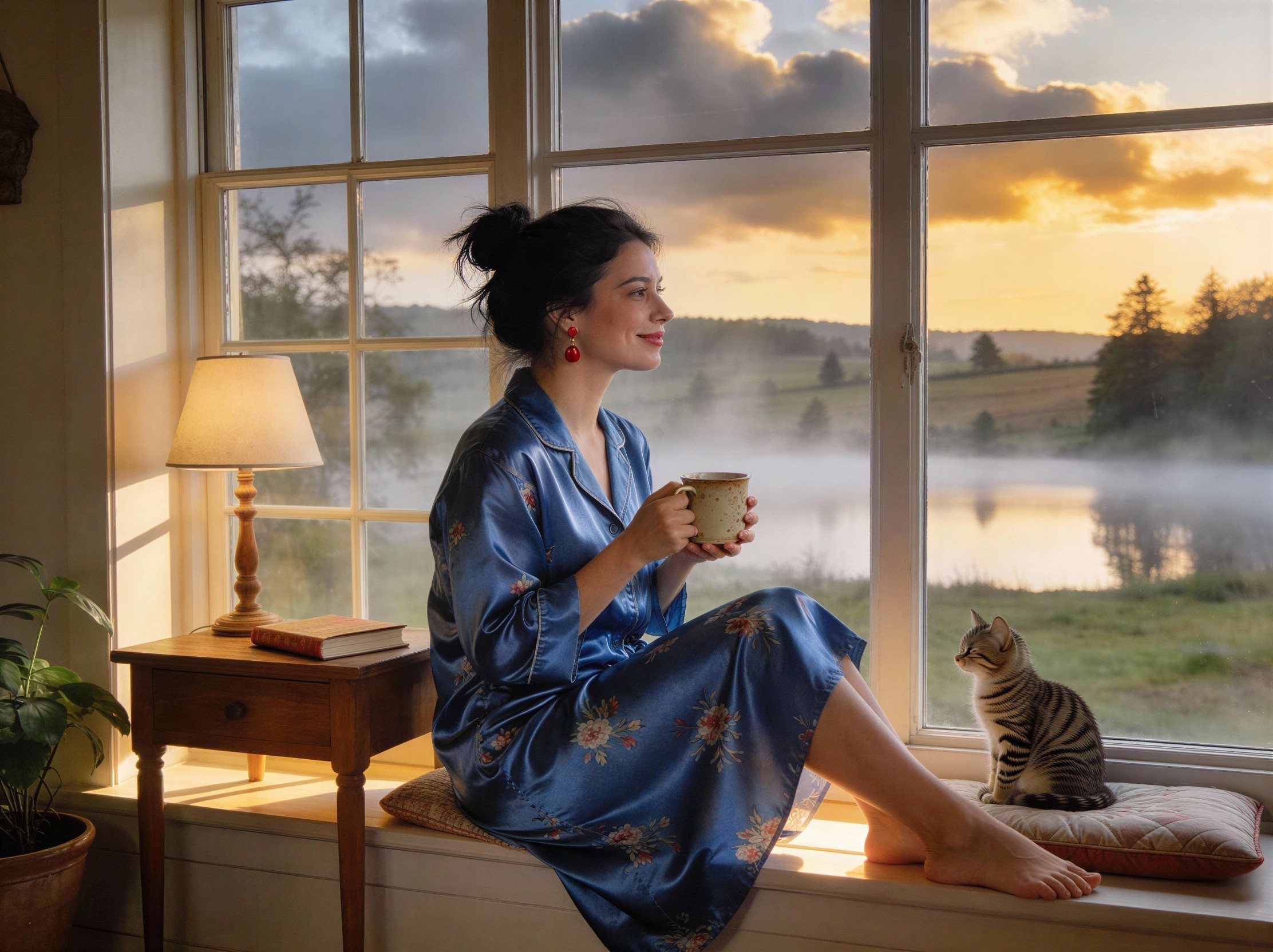 Young Woman in Floral Robe Gazing at Misty Lake