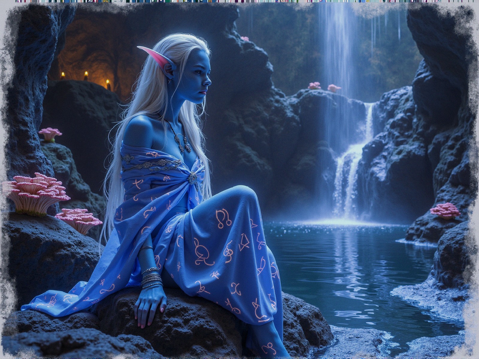 Blue-Skinned Elf in Serene Magical Cavern Scene