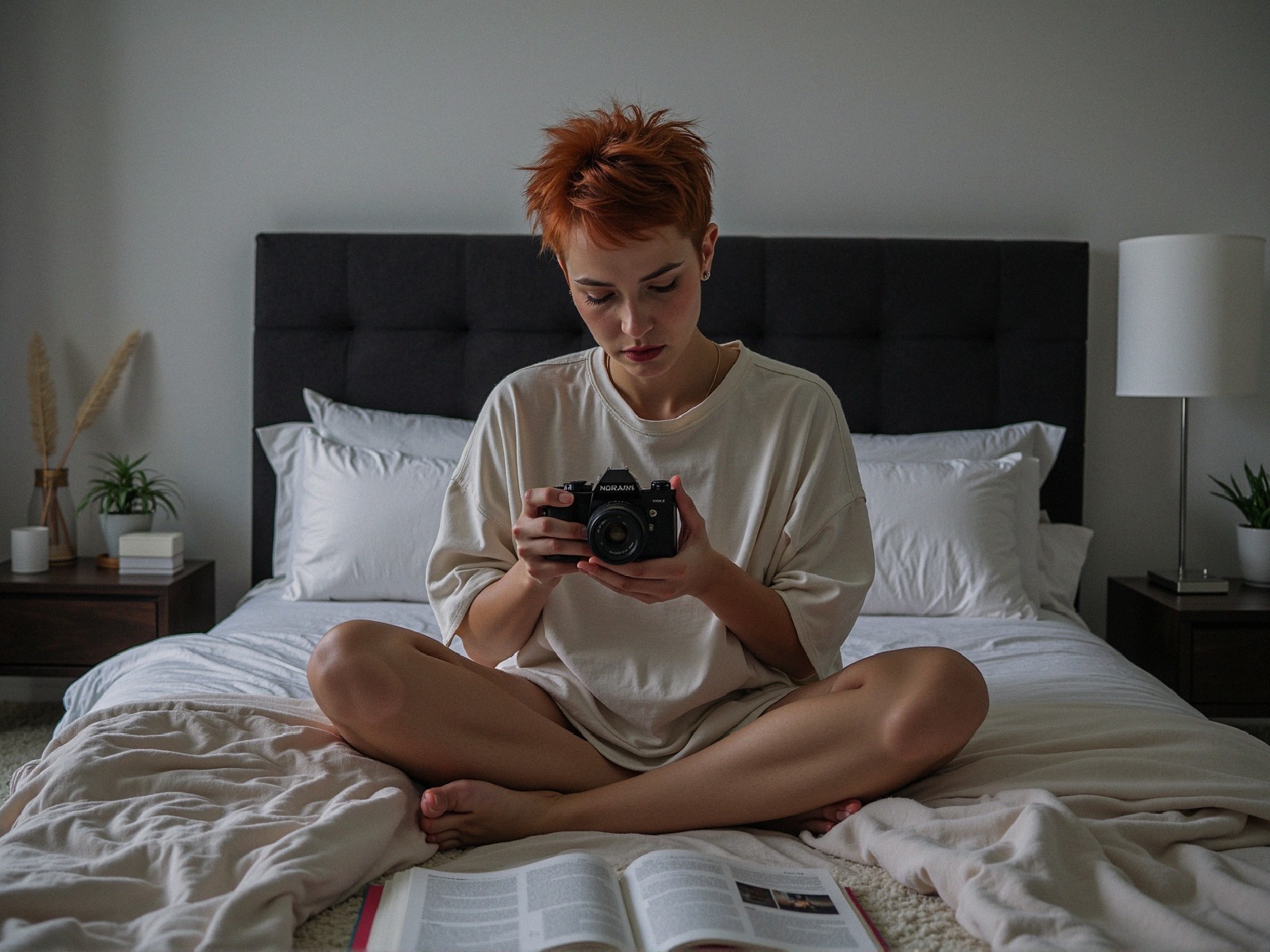 Young person with camera in minimalist bedroom setting