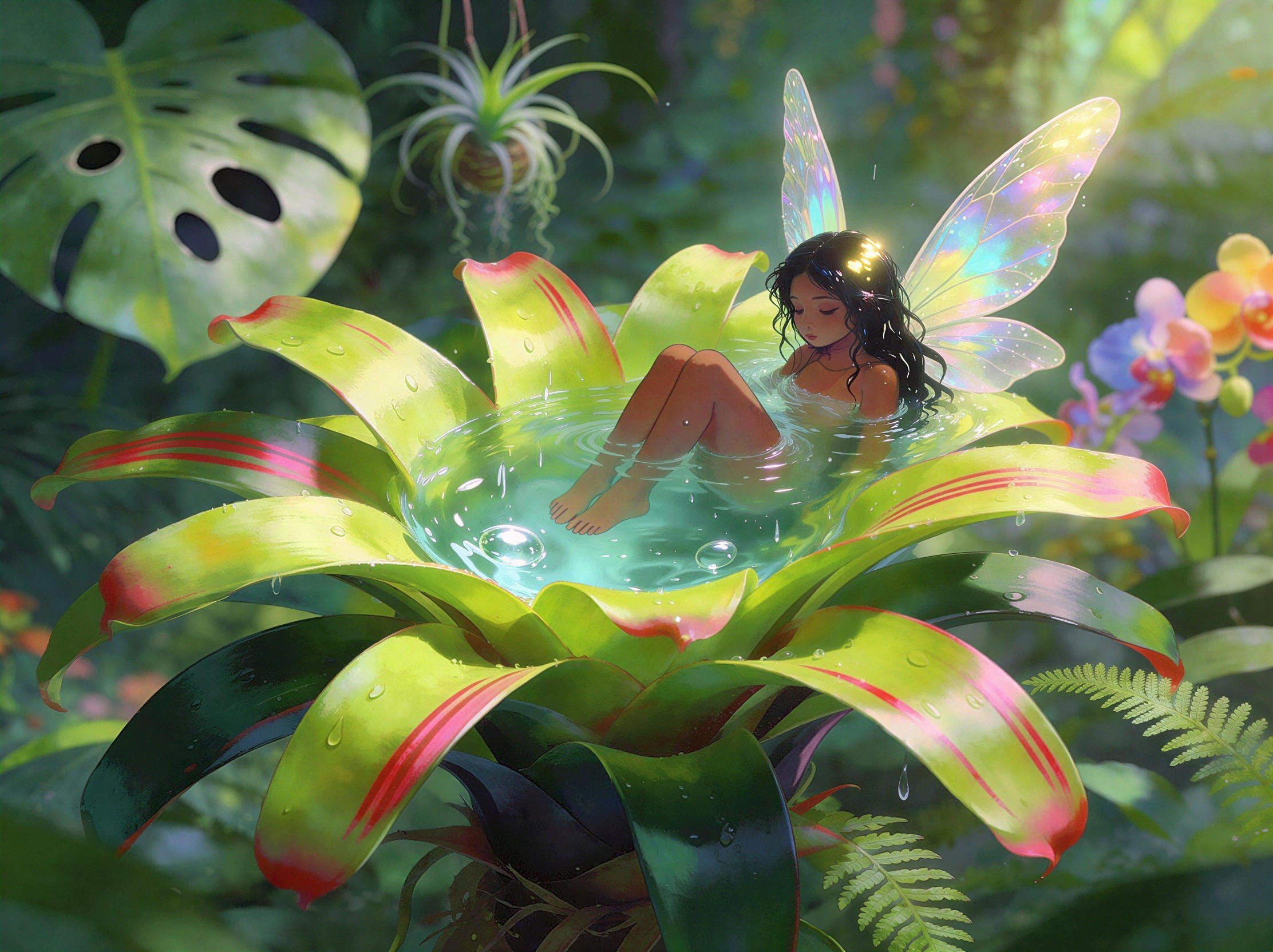Dark-Skinned Fairy in Bromeliad Water Reservoir