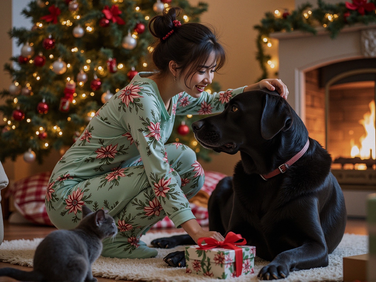 Cozy Christmas Room with Dog and Cat by Fireplace