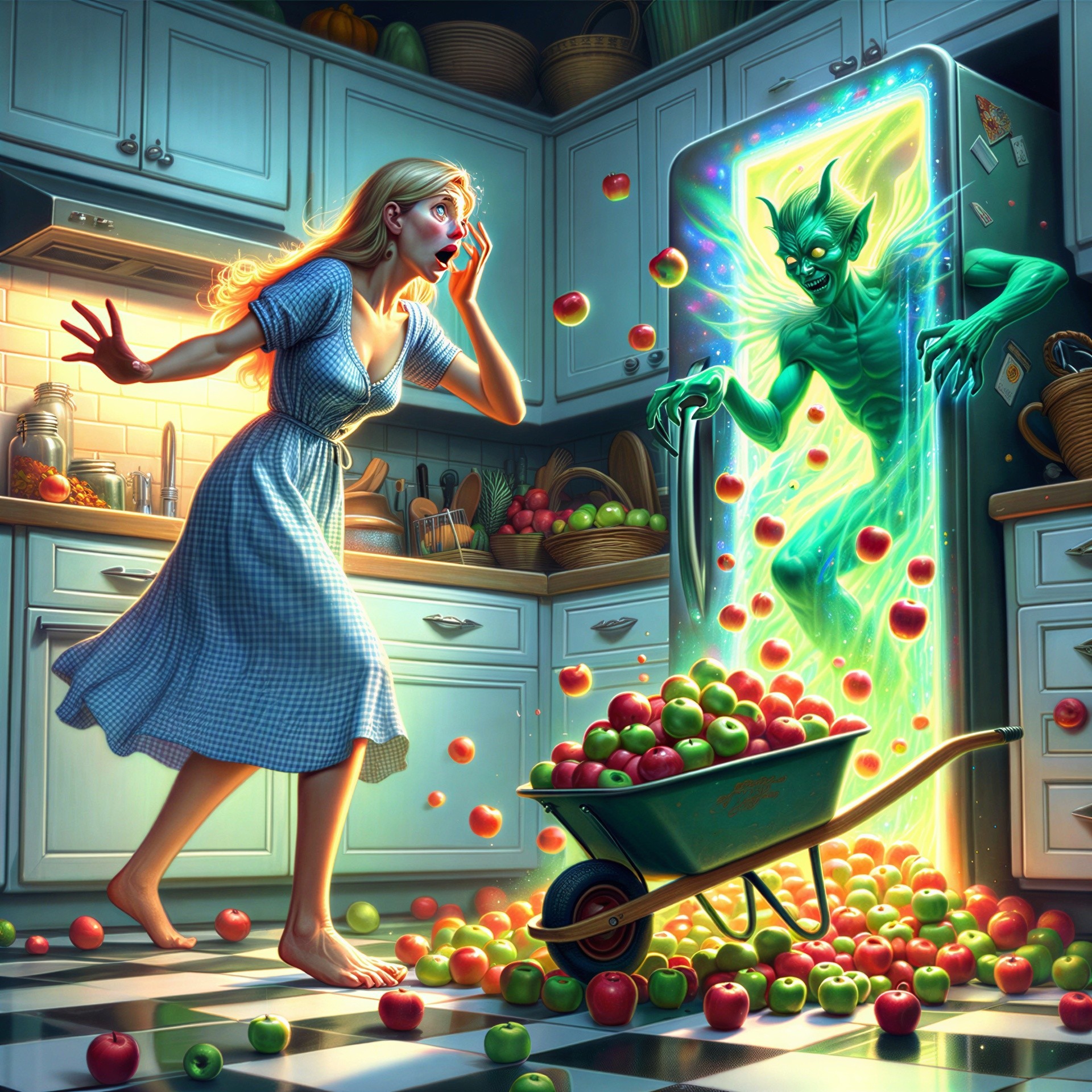 Whimsical Kitchen Scene with Green Spirit and Apples