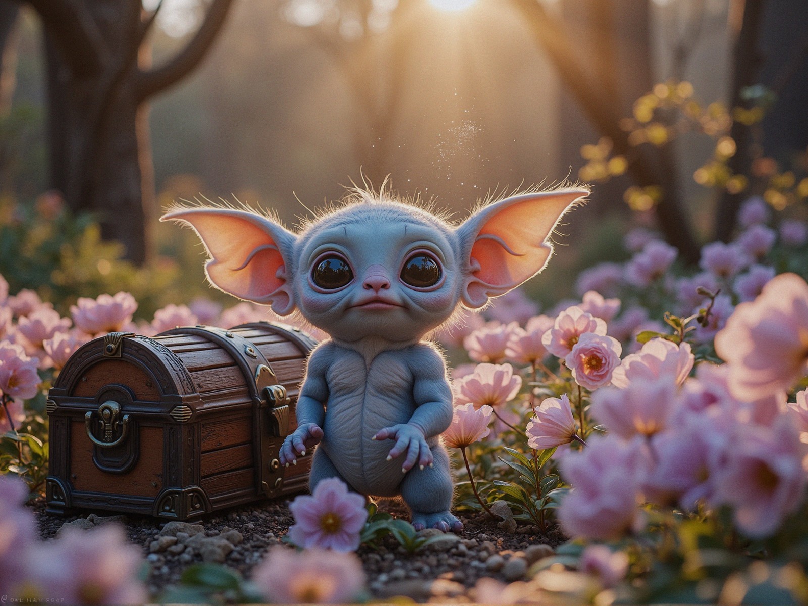 Whimsical Creature Among Pink Flowers and Treasure Chest