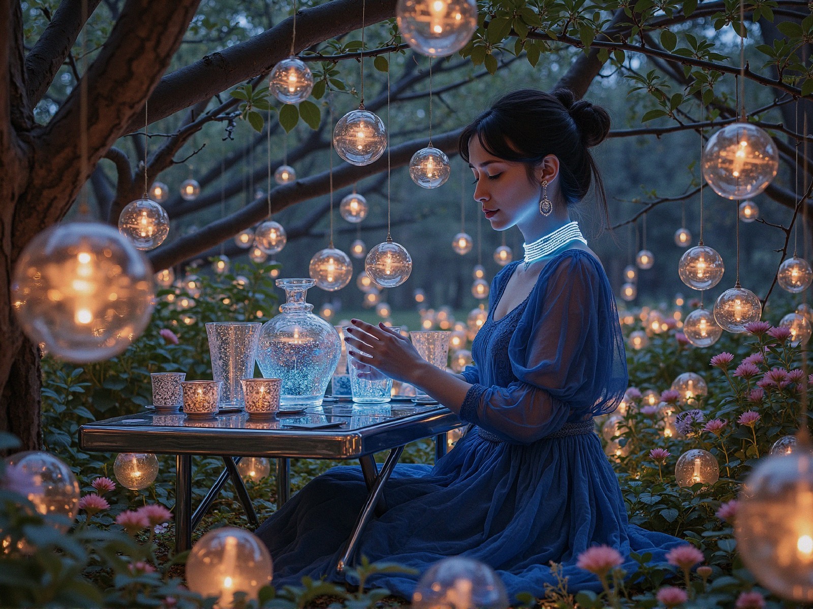 Serene Garden Scene with Woman and Fairy Lights