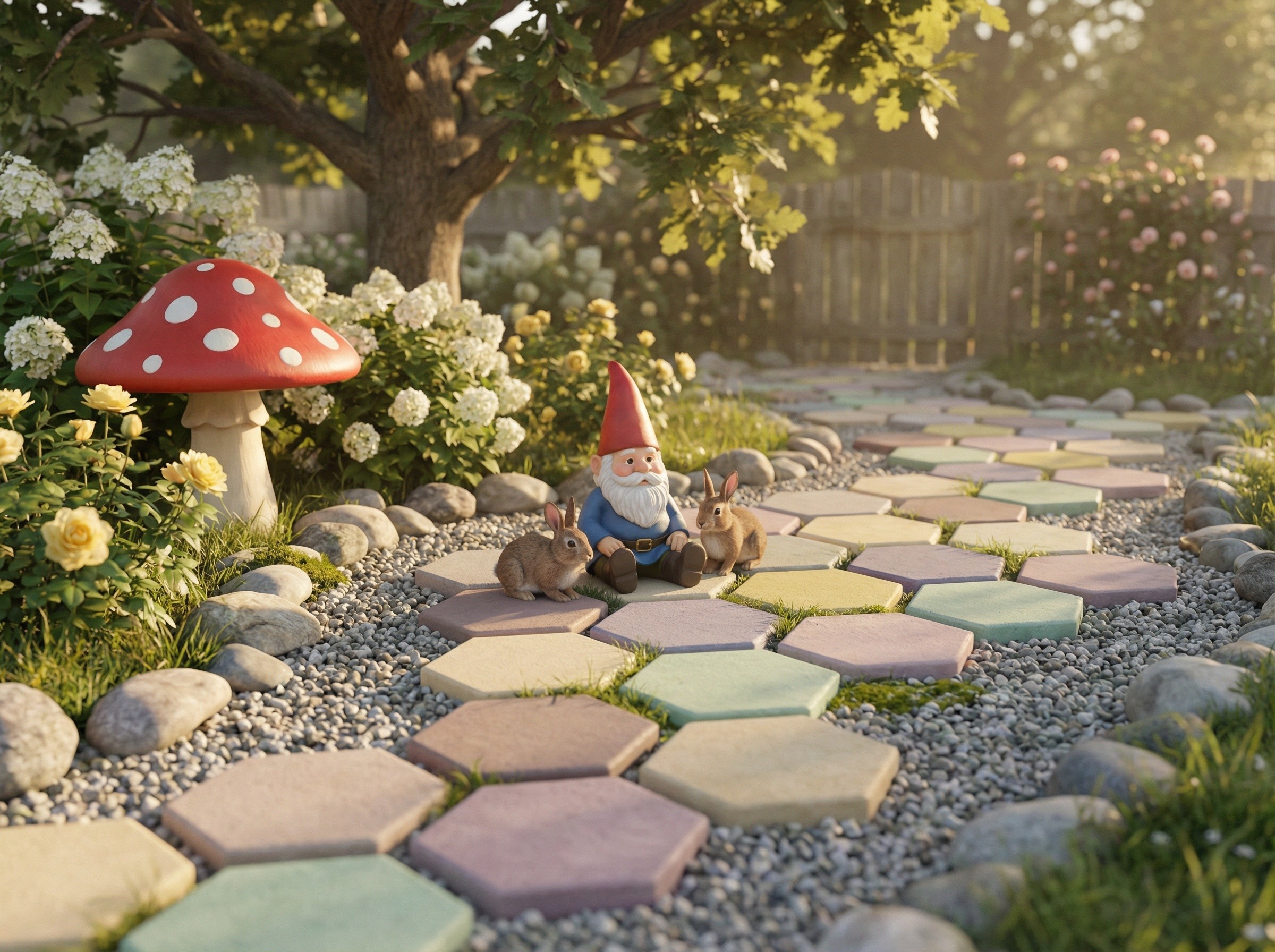 Multicolored Hexagonal Stepping Stones in Garden Path