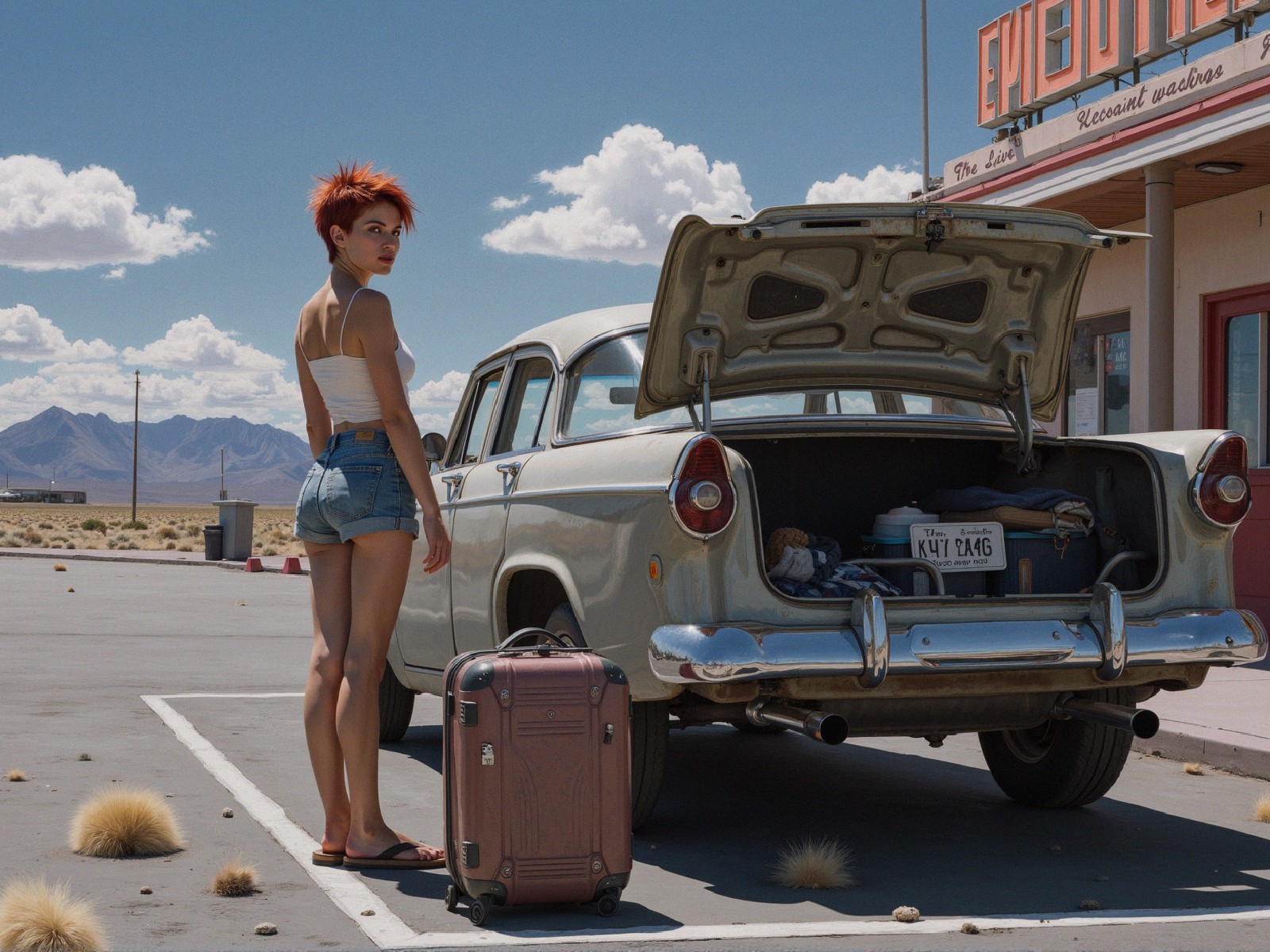 Young Woman by Old Car with Desert Diner Background