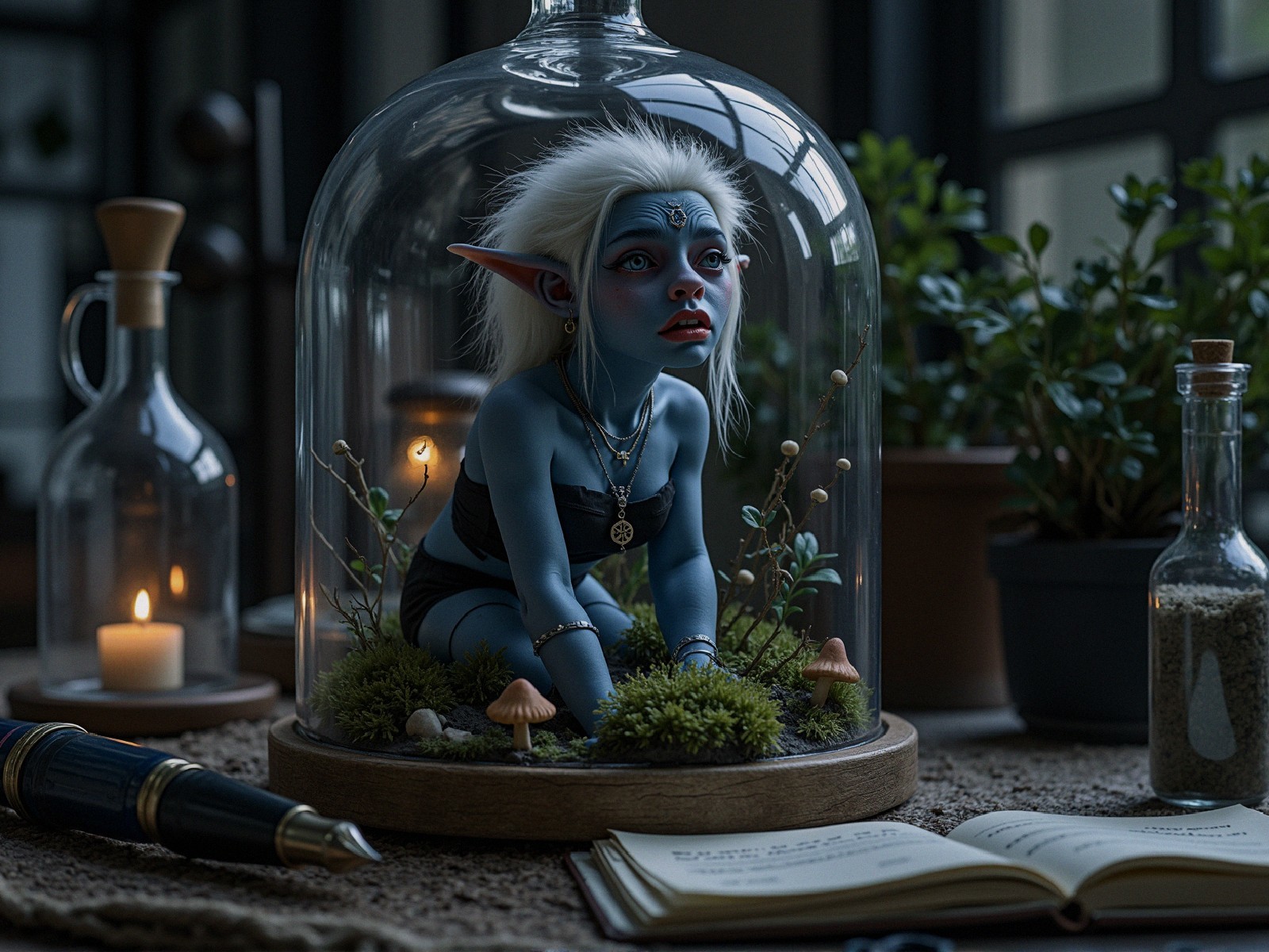 Whimsical Blue-Skinned Figure in Glass Dome Scene