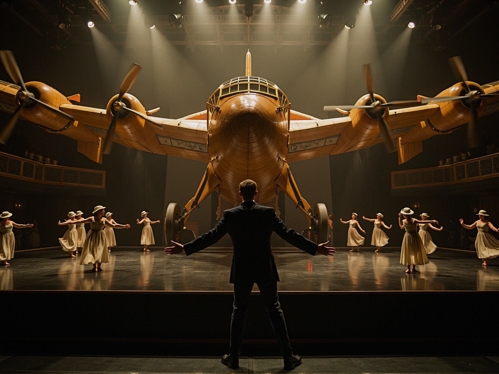 Dramatic Stage Scene with Vintage Airplane Backdrop