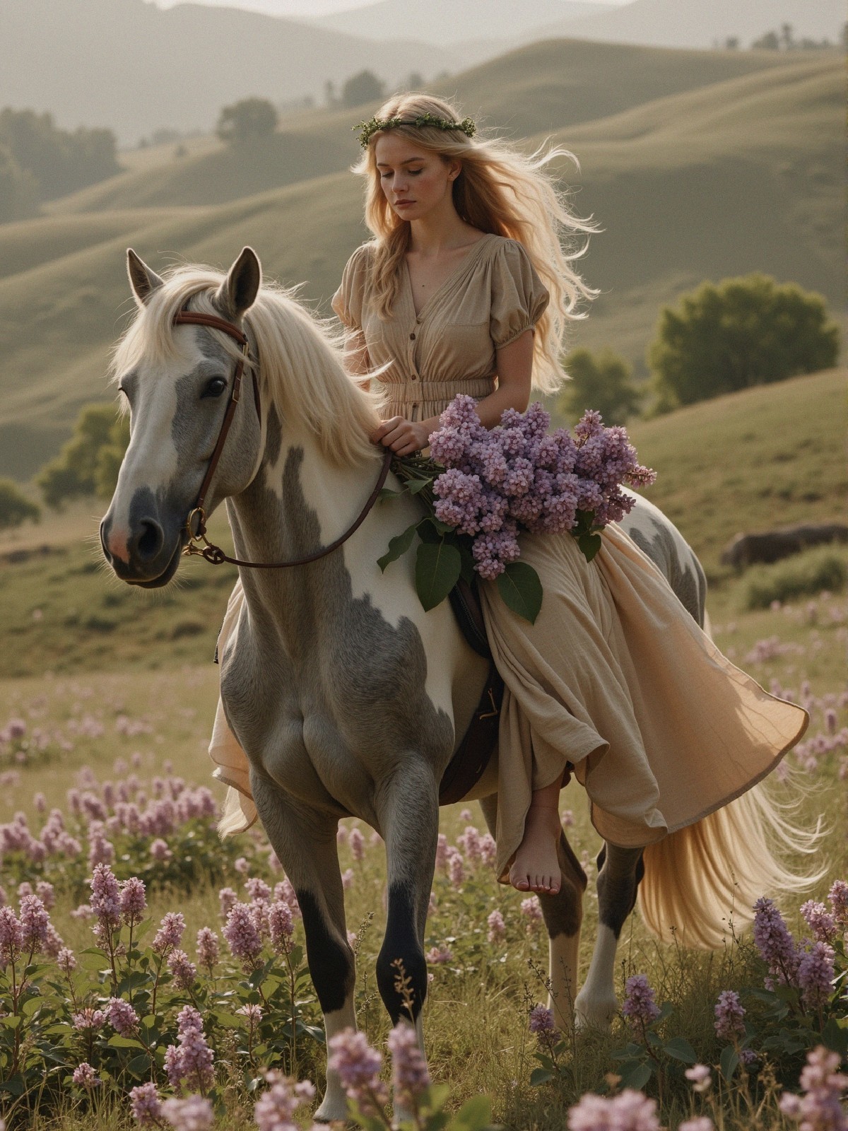 Young woman on horse in blooming lilac field