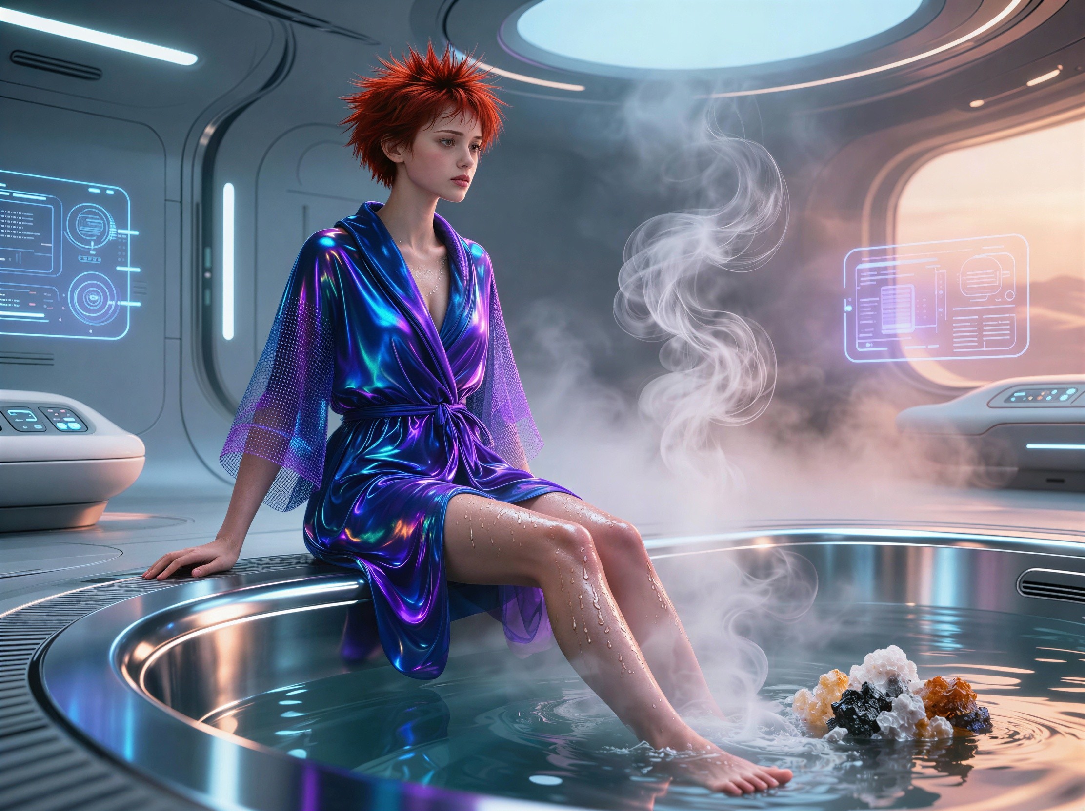 Anime Girl in Hot Tub with Futuristic Background
