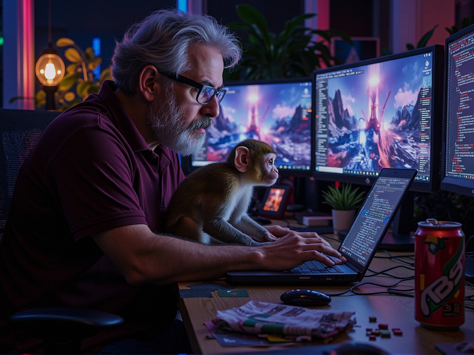 Gray-haired man coding with monkey observing at desk