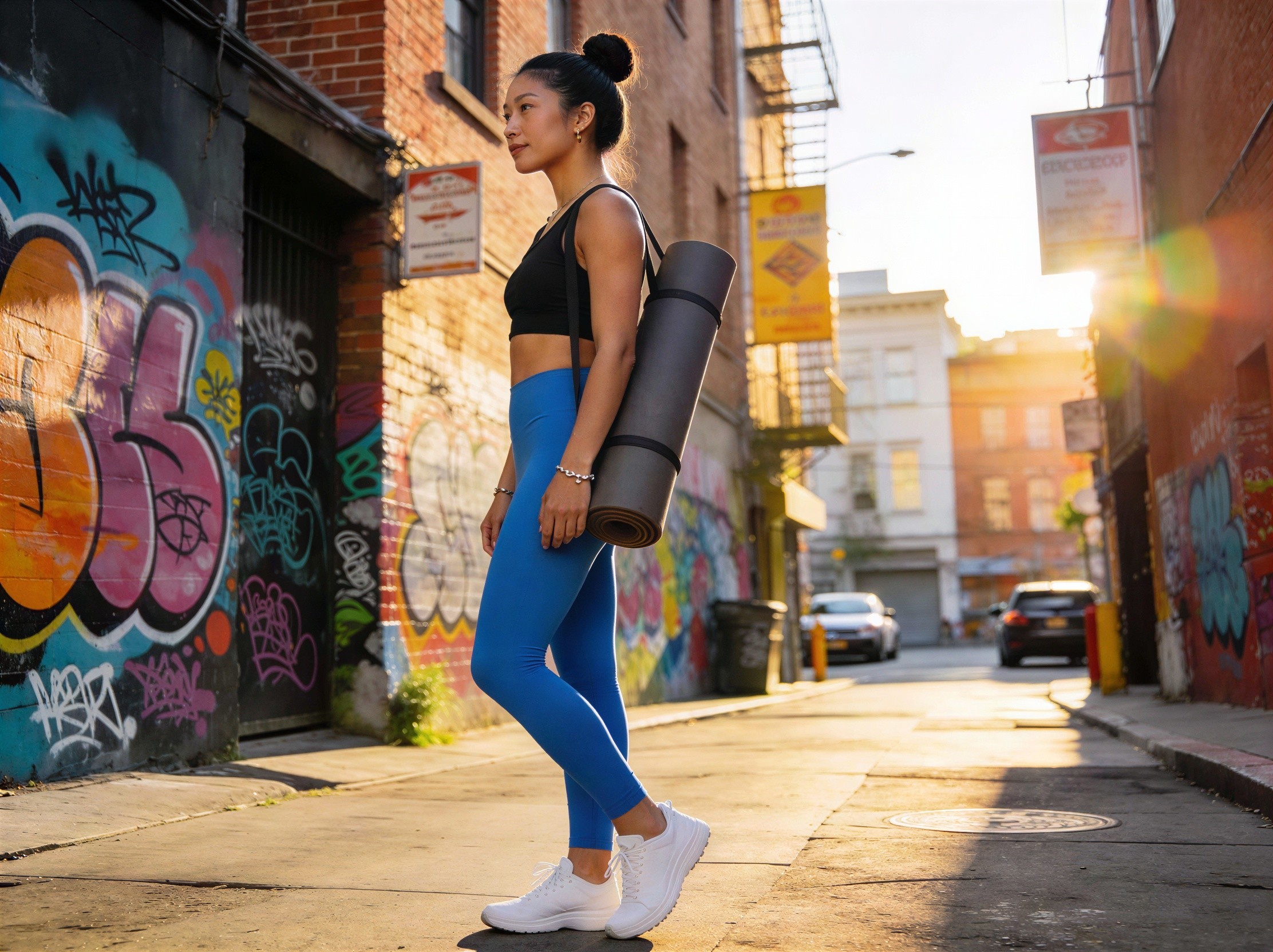 Woman in alley with yoga mat and colorful graffiti