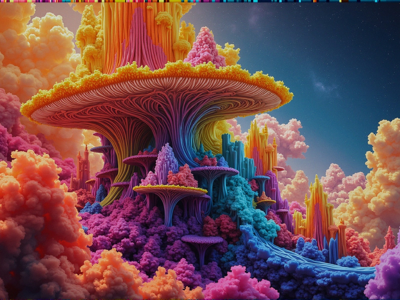 Surreal Landscape with Colorful Mushroom Structures
