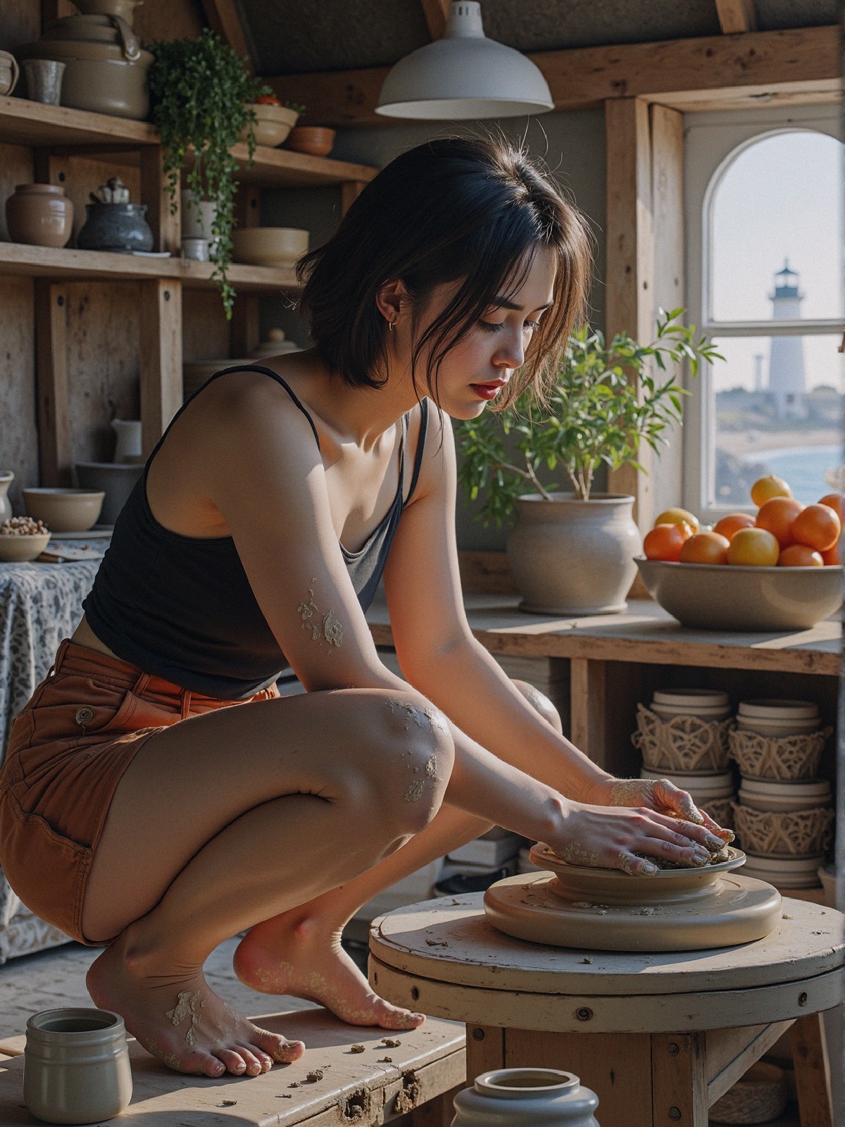 Young Woman Working with Clay in Rustic Studio