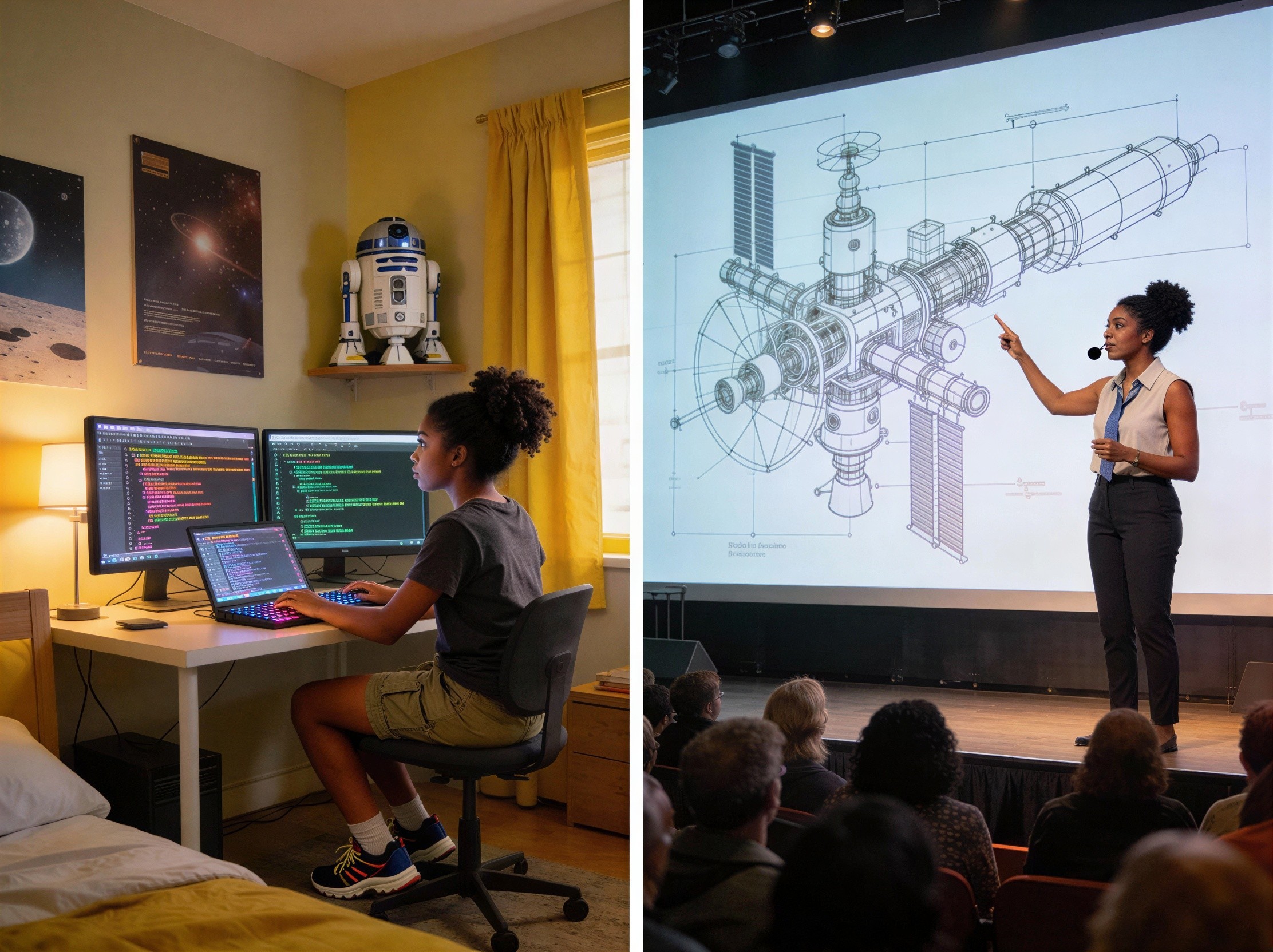 Young Girl Programming and Woman Presenting Space Modules