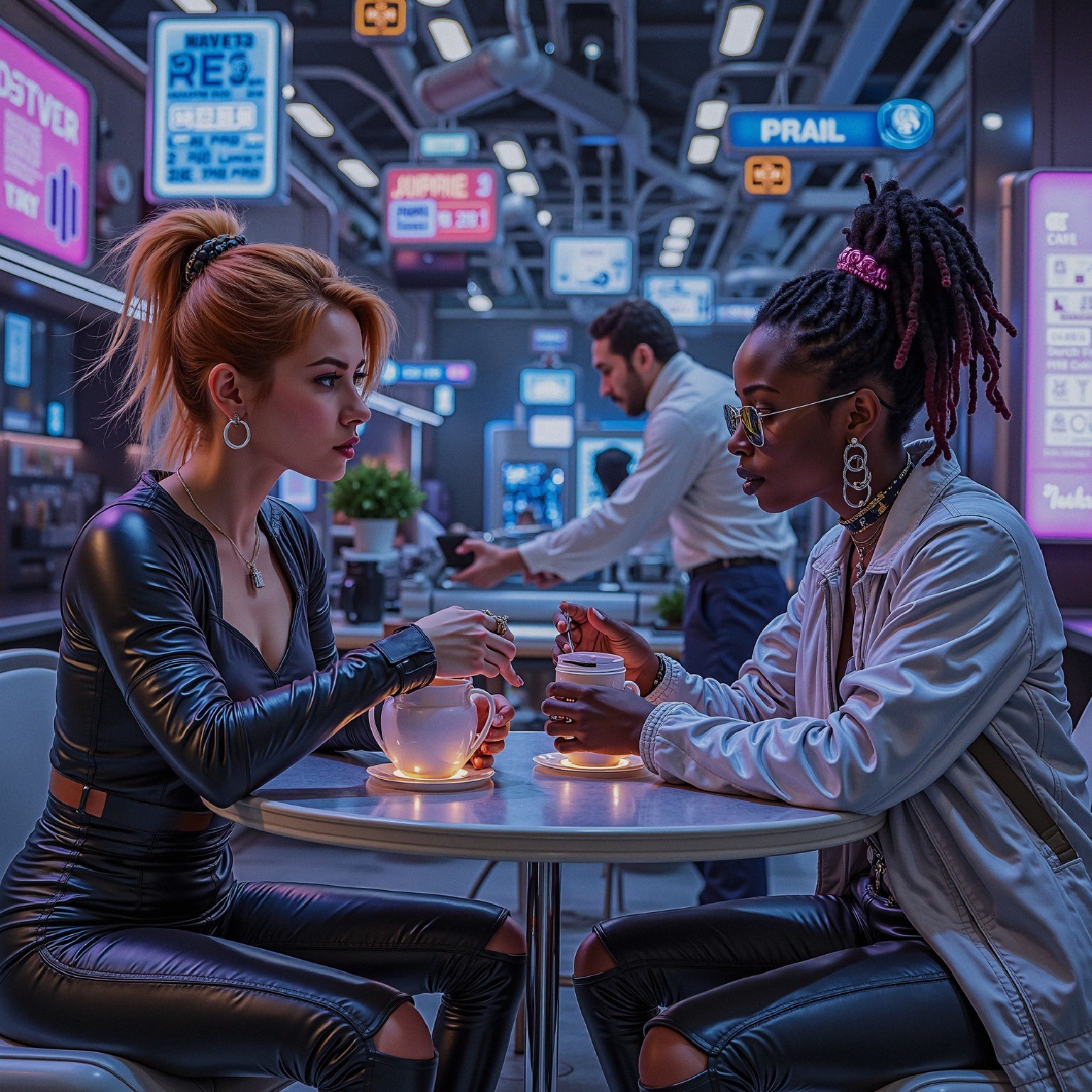 Futuristic café scene with two women in conversation