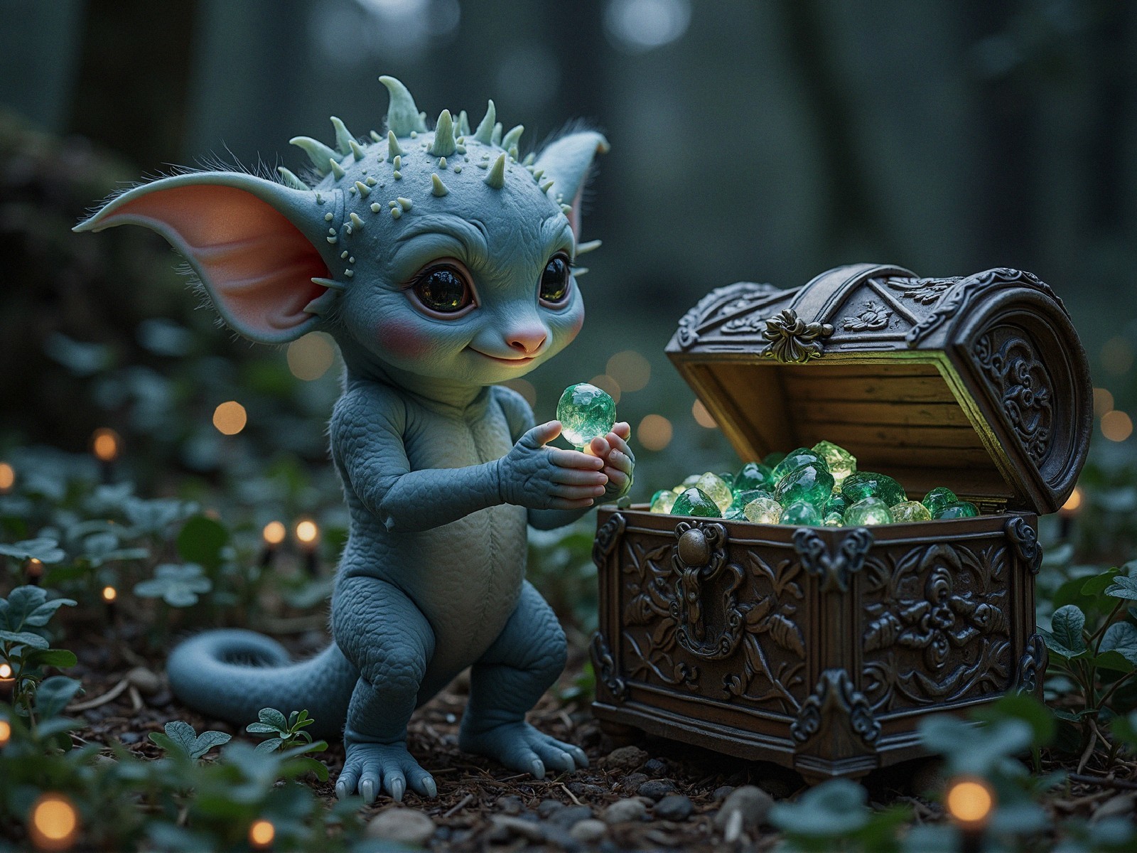 Mystical Forest Scene with Blue Creature and Gem