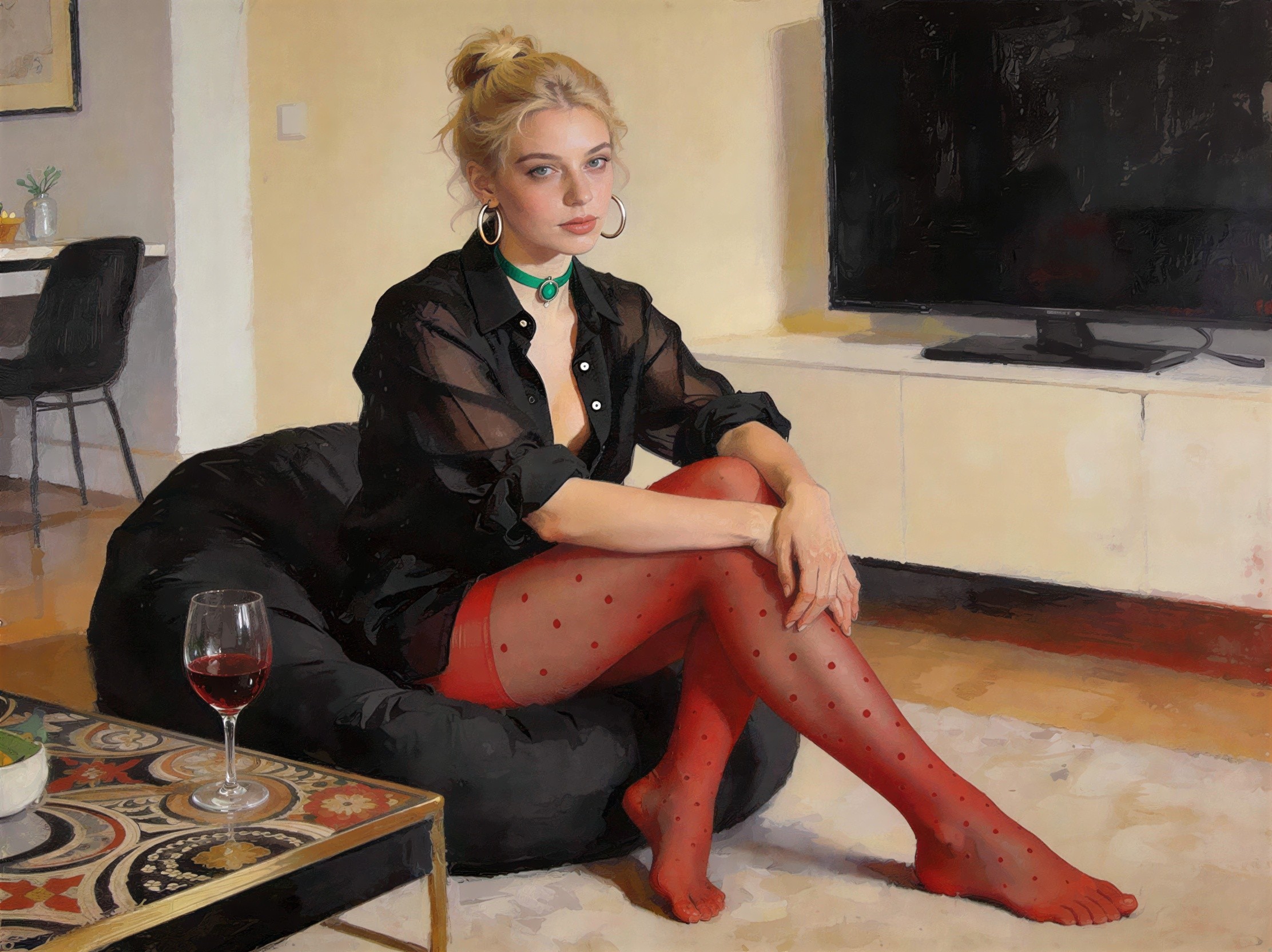 Blonde Woman in Sheer Black Shirt and Polka-Dotted Tights