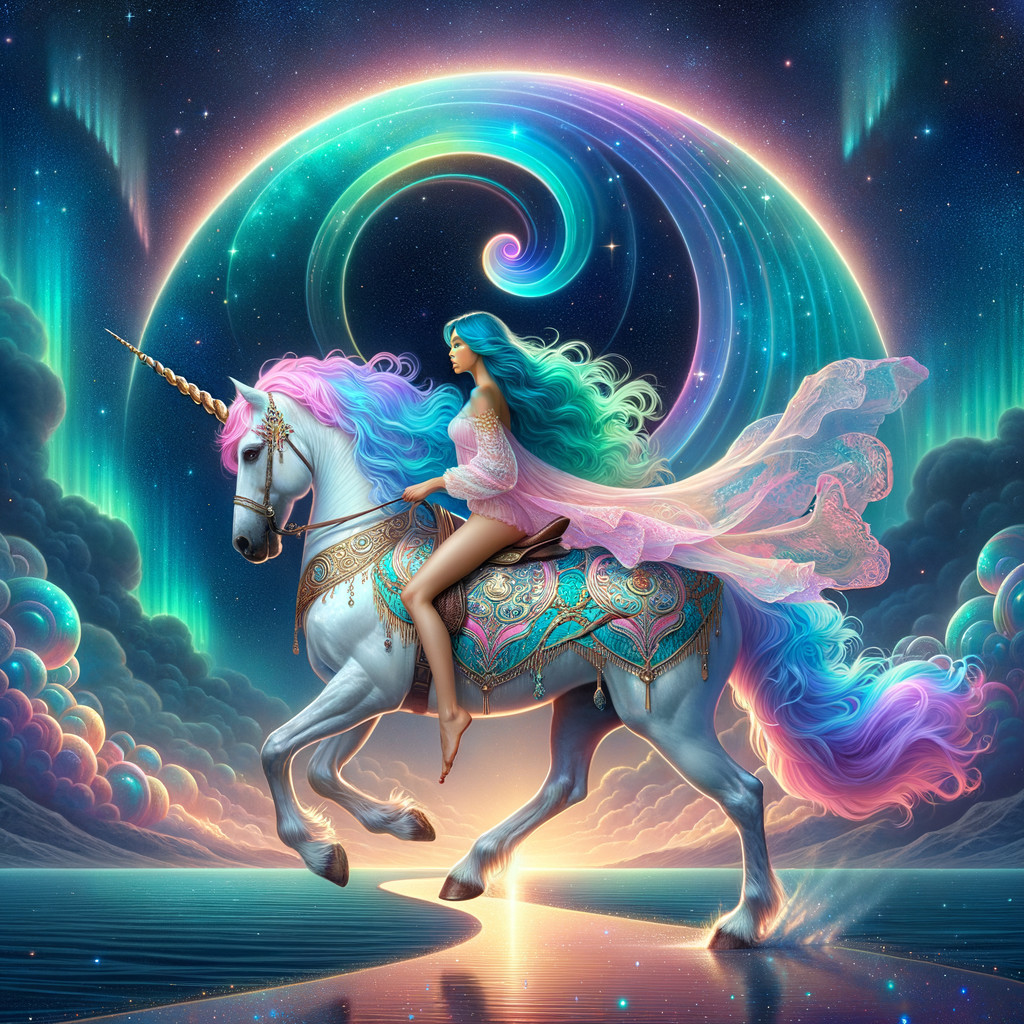 Majestic Unicorn and Woman in a Cosmic Landscape