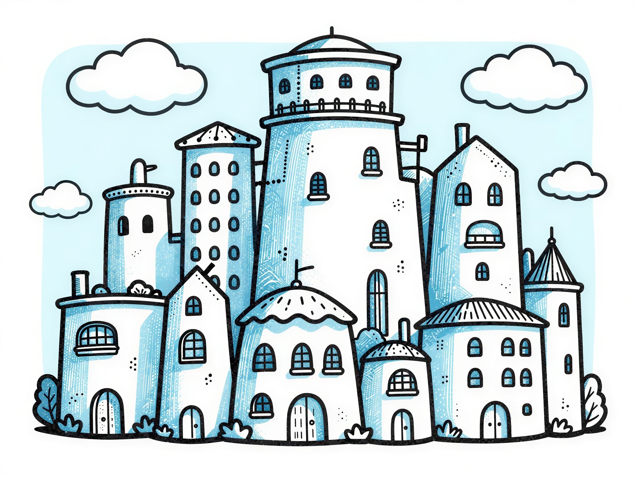 Whimsical Hand-Drawn Cityscape with Clouds and Sky