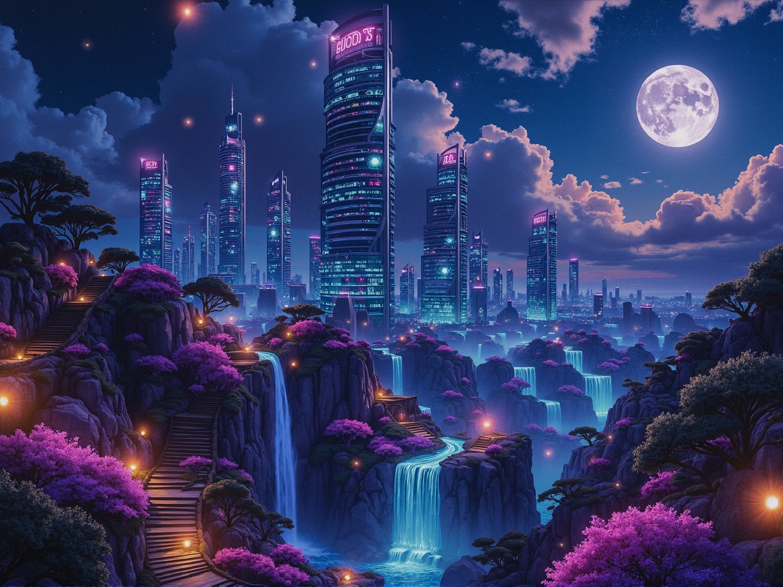 Futuristic cityscape at night with neon lights and nature