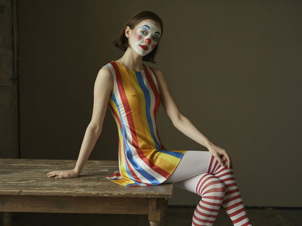 Clown Makeup Model on Rustic Table with Colorful Dress