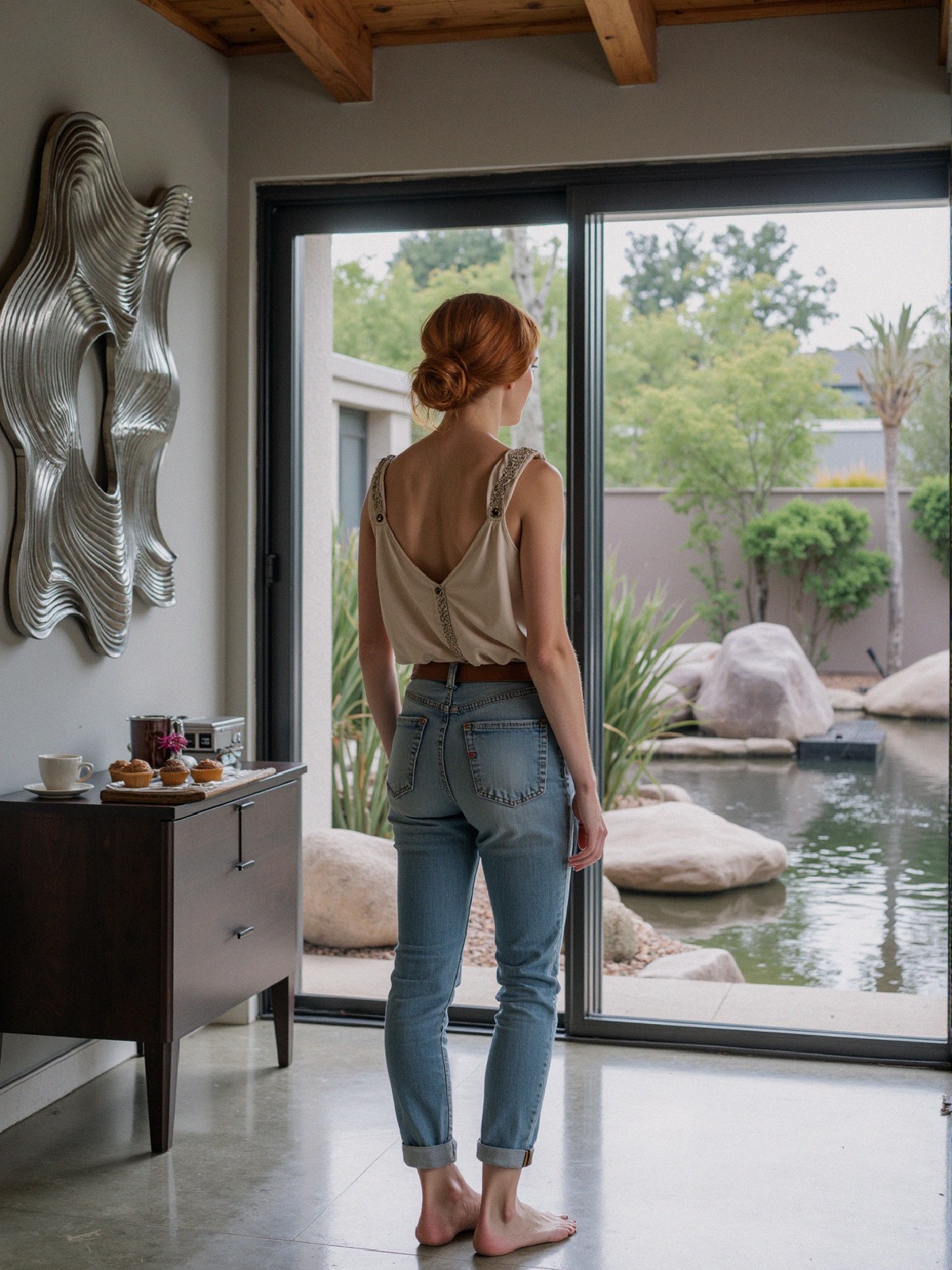 Woman in elegant attire gazes out modern window